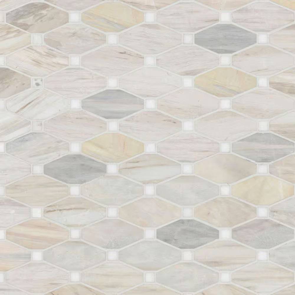 Angora Elongated Octagon 12 In. X 13 In. X 0.38 In. Polished Marble Mesh-Mounted