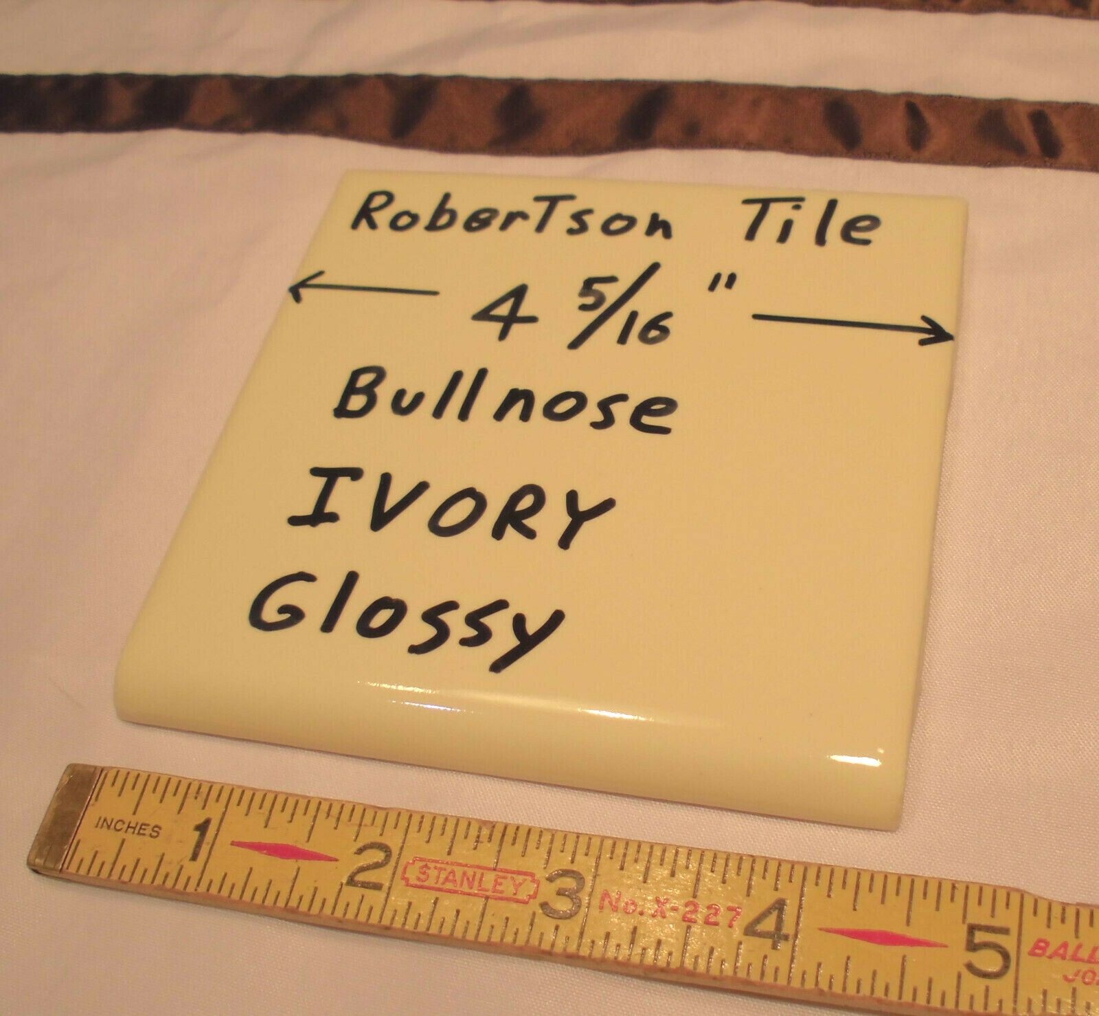 1 pc. Ivory- Light Yellow: 4-3/8″ Glossy Ceramic Bullnose by Robertson Tile Co.