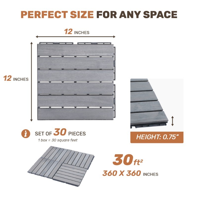 30 PCS 12″ x 12″ Light Gray Acacia Wood Interlocking Deck Tiles Outdoor Flooring