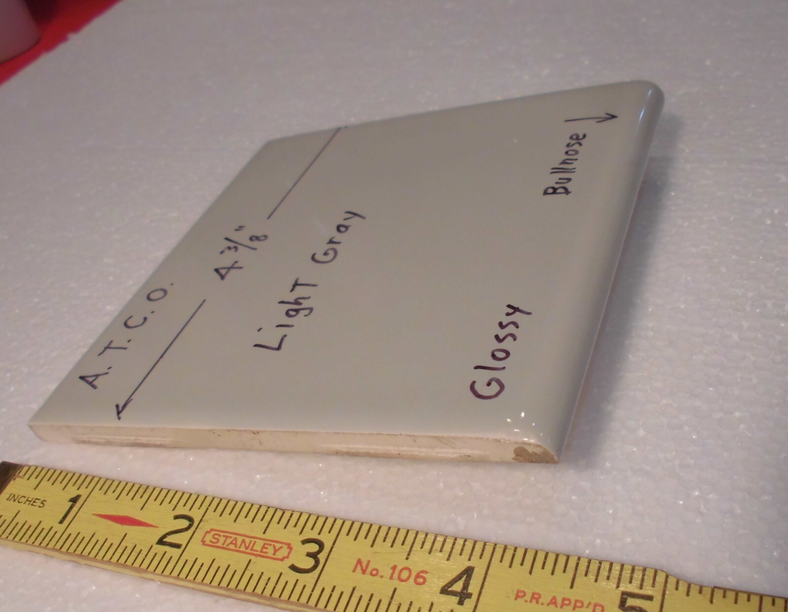 1 pc. Light Gray: 4-3/8″ Glossy Ceramic Bullnose Tile by A.T.C.O. , Pearl Gray