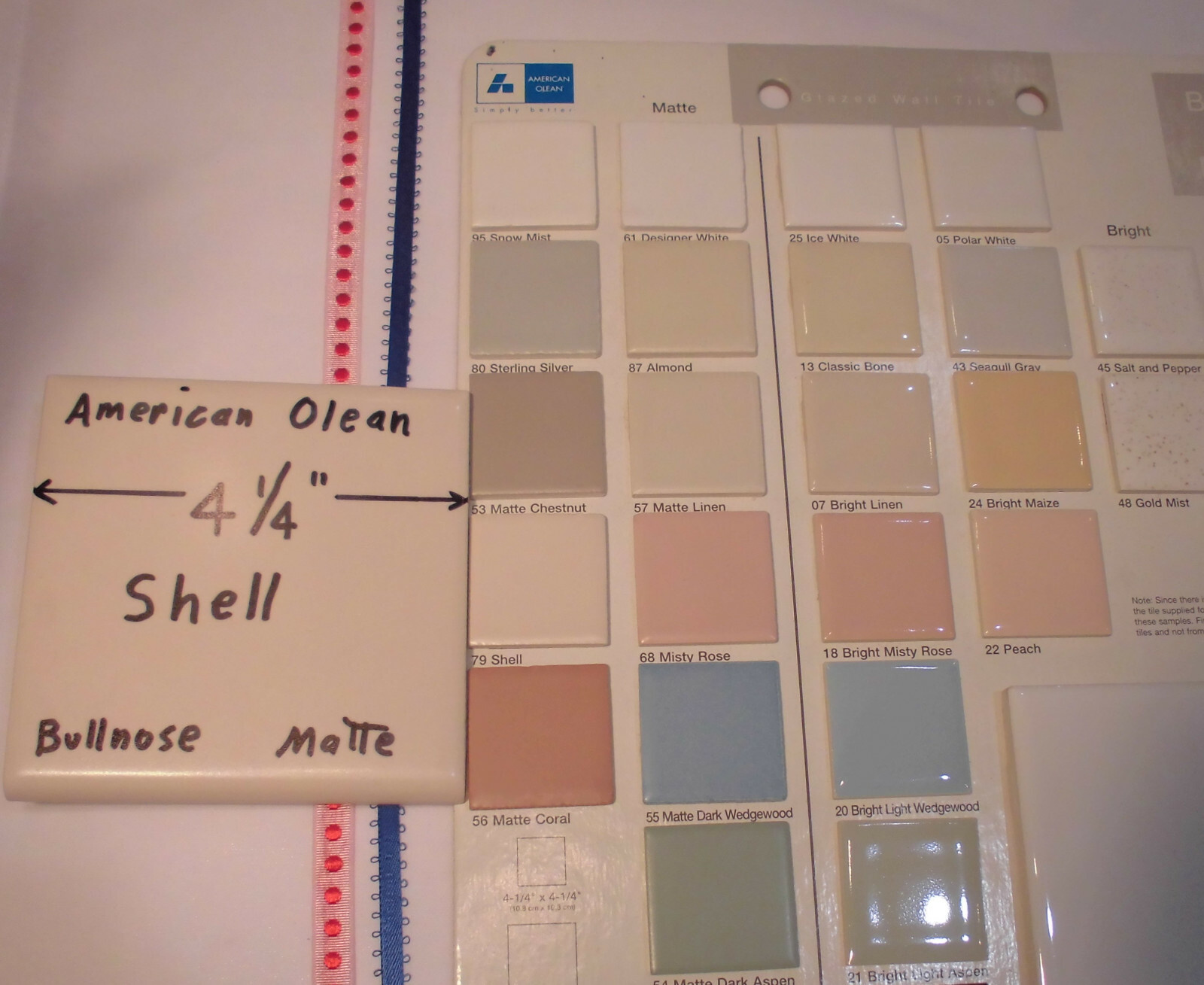 1 pc. Shell; Bullnose Matte Ceramic Tile; American Olean Co. 4-1/4″ Hint of Pink