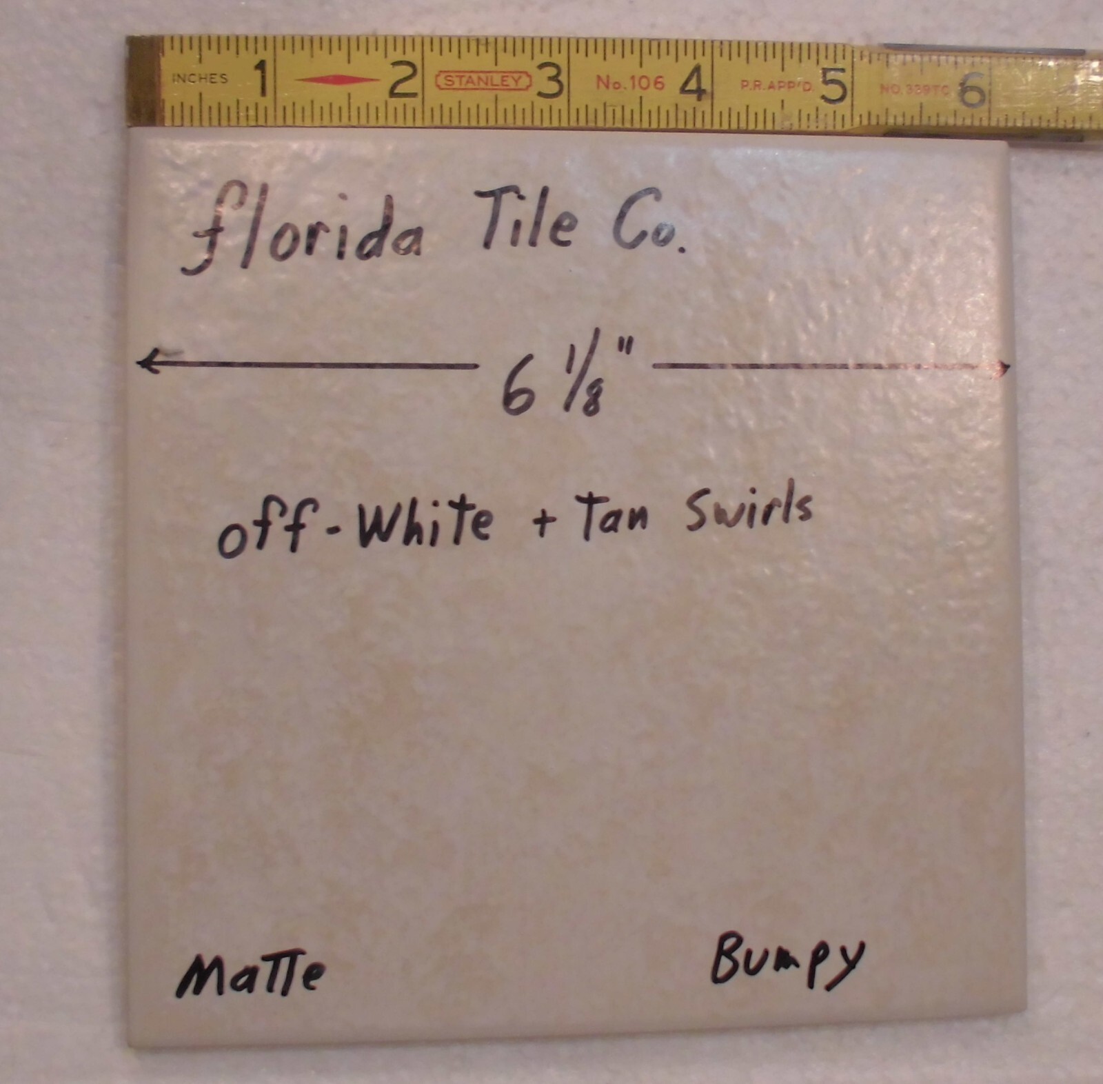 1 pc. Off-White +Tan Swirls: 6-1/8″ Square; Matte Ceramic Tile, by Florida, NOS