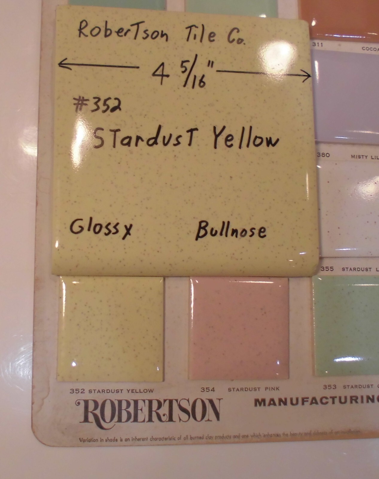 1 pc. Stardust Yellow: Vintage Glossy Ceramic Bullnose Tile 4-5/16” Robertson