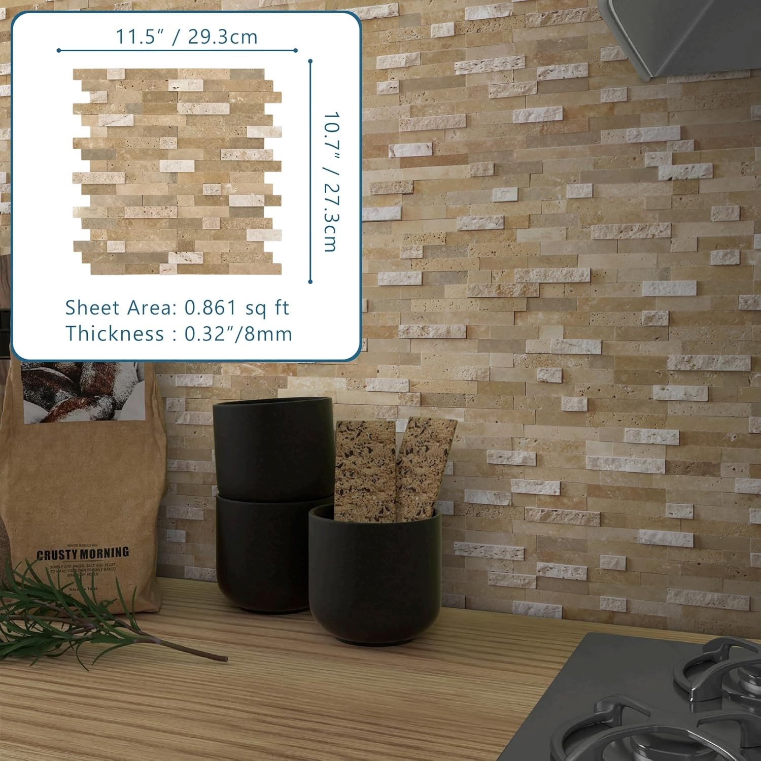 Natural Stone Mosaic Tiles Peel Stick 3D Beige Kitchen Backsplash Heat Resistant