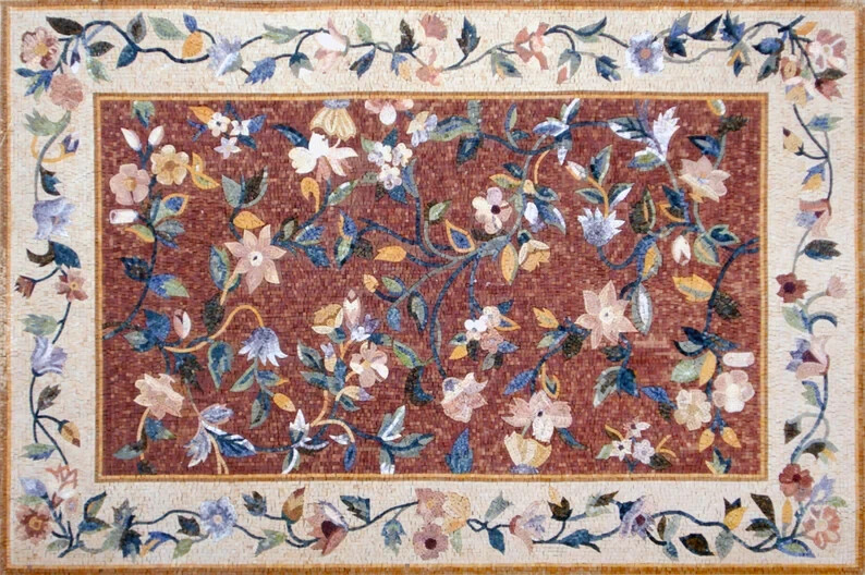 FLOWER BORDER RUG | Marble Stone Square Shape Mosaic Rug |Beautiful Handmade Rug