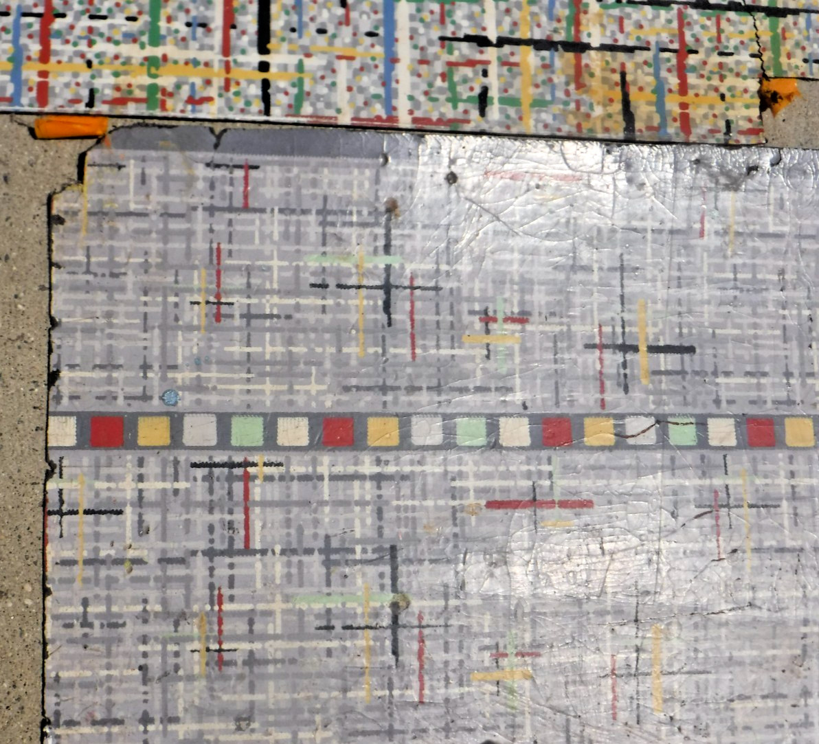 VTG~LINOLEUM FLOORING~LARGE PIECE~46″x66″~1950-60~MOVIE SET~MCM~GRAY GRID B
