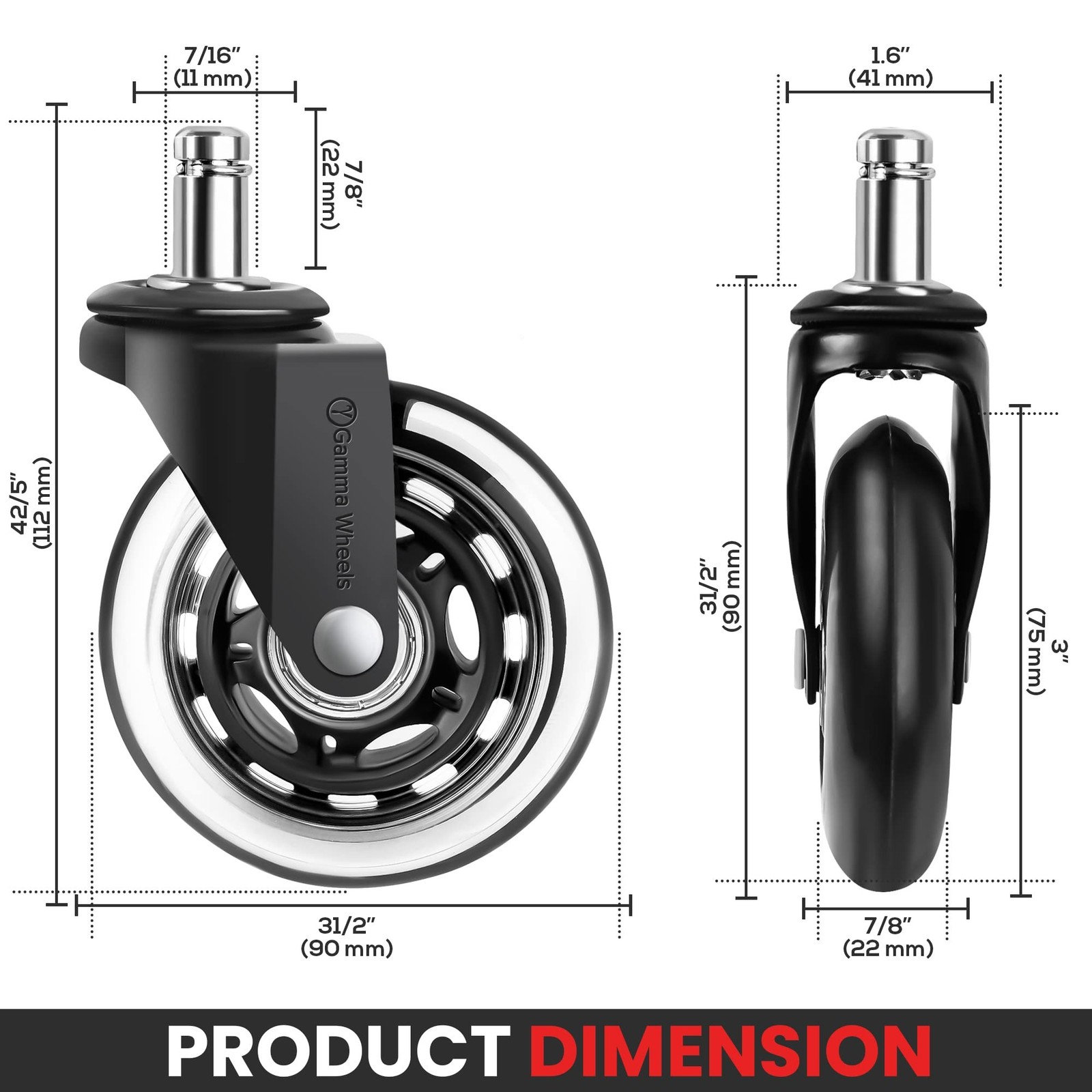 Premium Gamma Office Chair Wheels Black, Pack of 5, 7/16 x 7/8 Inch – Heav