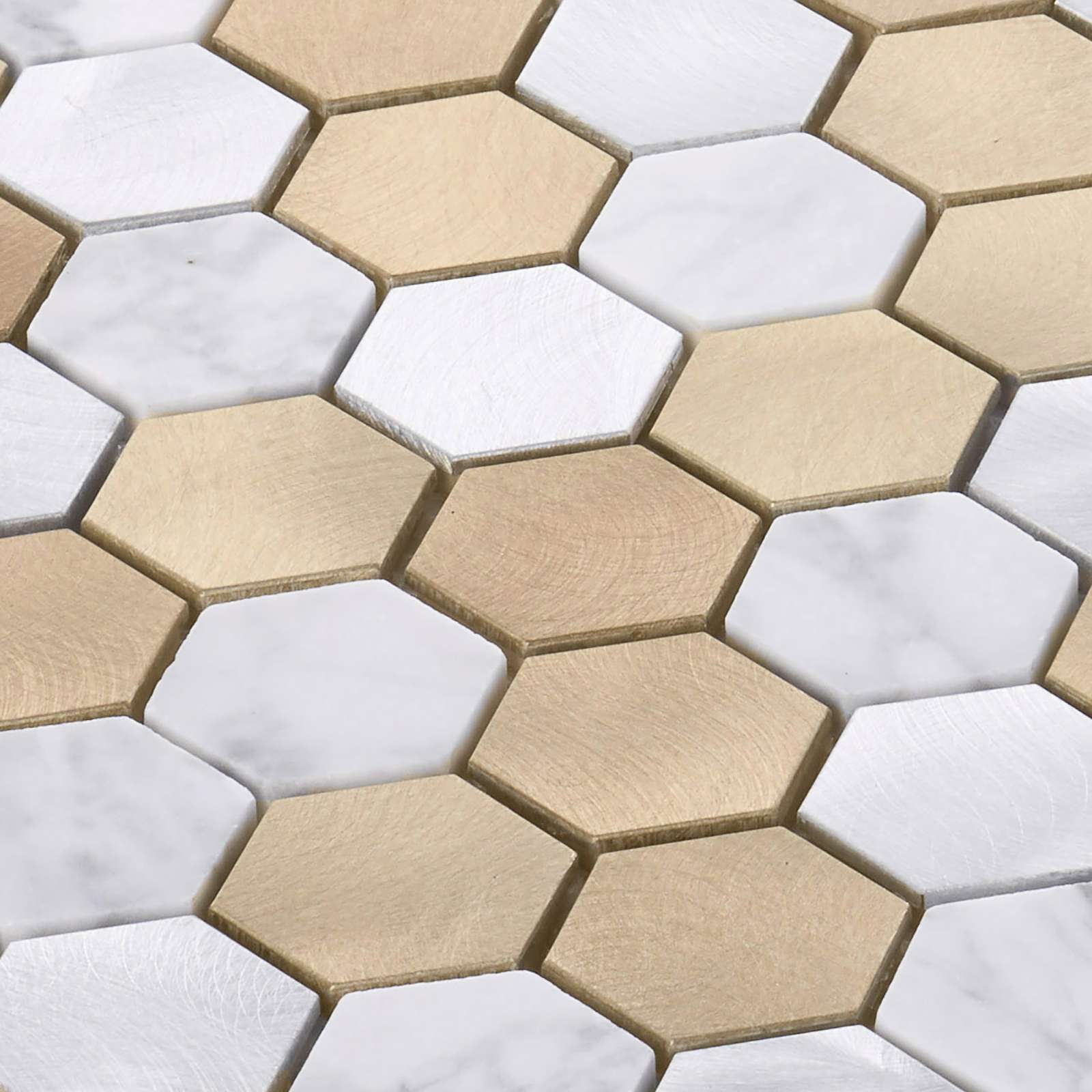 White Calacatta Marble Champagne Gold Metal 1.5″ Hexagon Mosaic Tile Backsplash