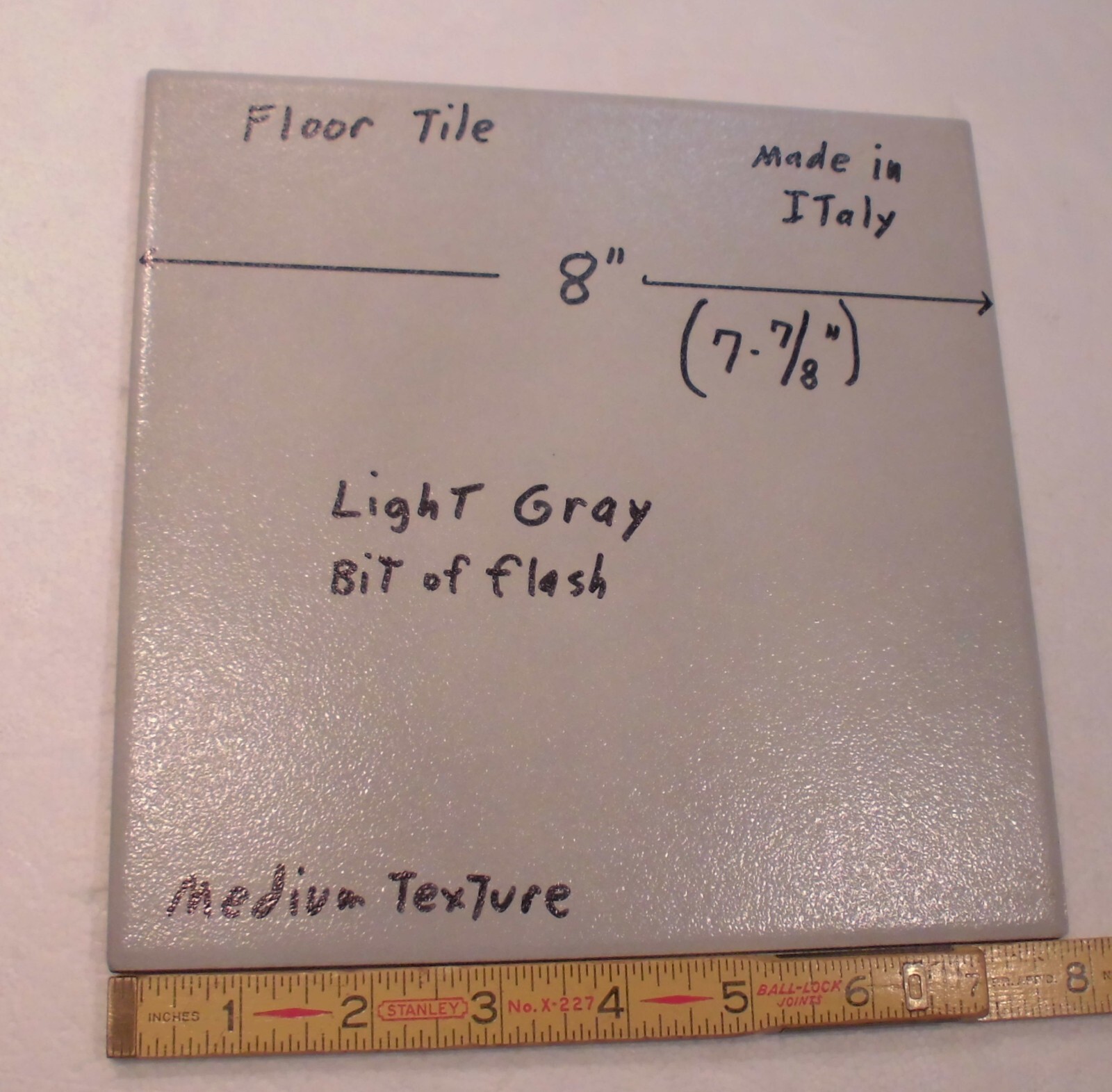 1 pc. “Light Gray” 7-7/8″ Ceramic Floor Tile: Medium Textured, Italian, flash