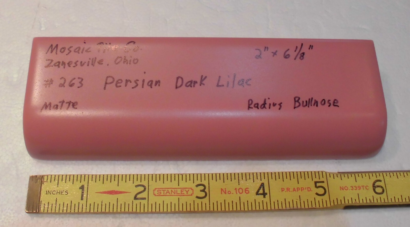 1 pc. *Dark Lilac* Matte Ceramic Radius Bullnose Cap Tile by The Mosaic Co.
