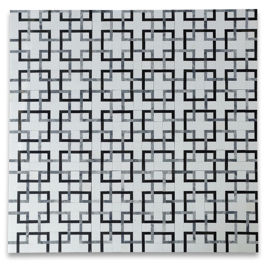 T2G1XP Thassos White Marble Square Mosaic Tile Gray Links Polished