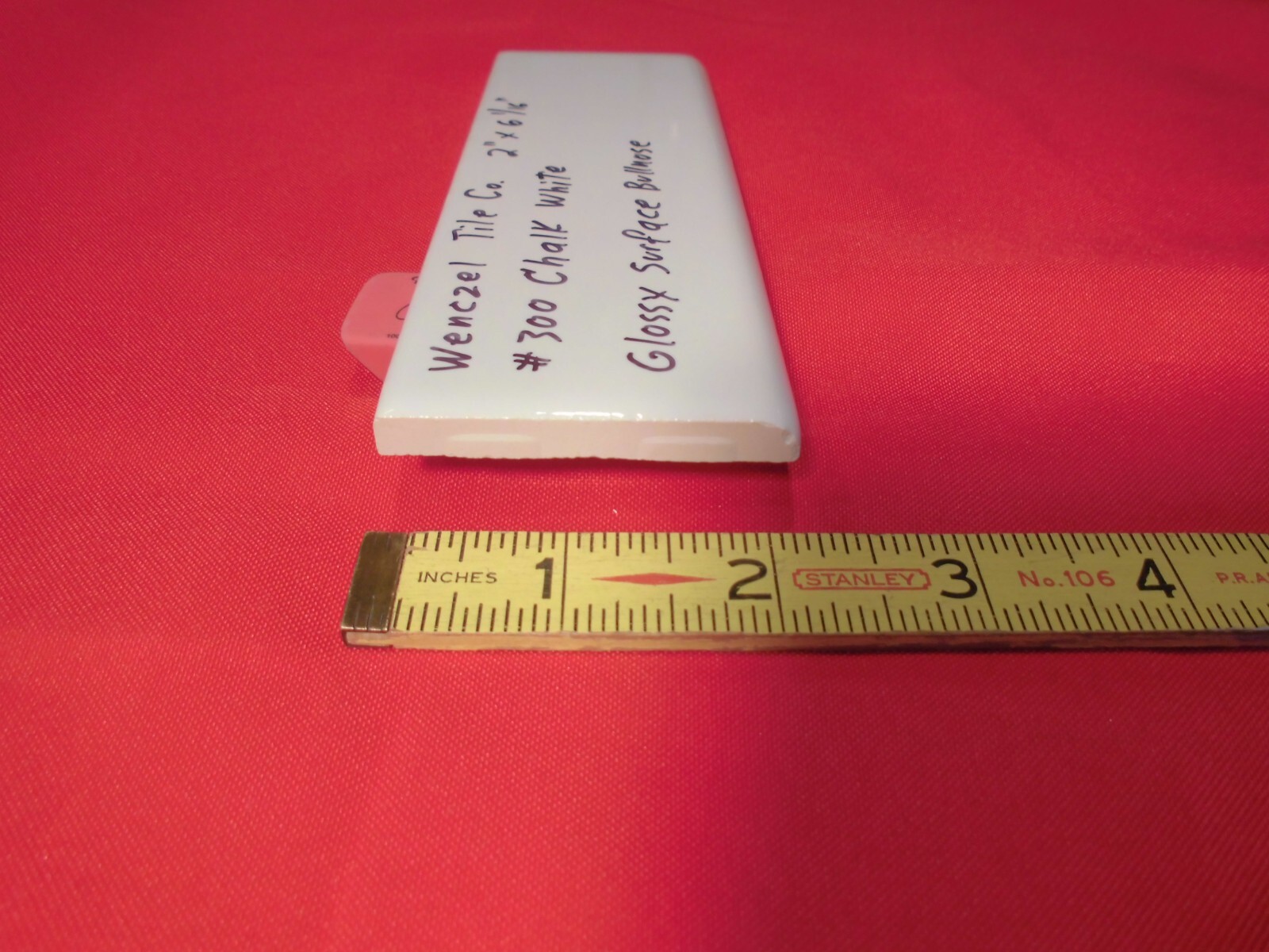 1 pc. Chark White: Glossy Ceramic Bullnose Tile by Wenczel 2″ X 6-1/16″ NOS