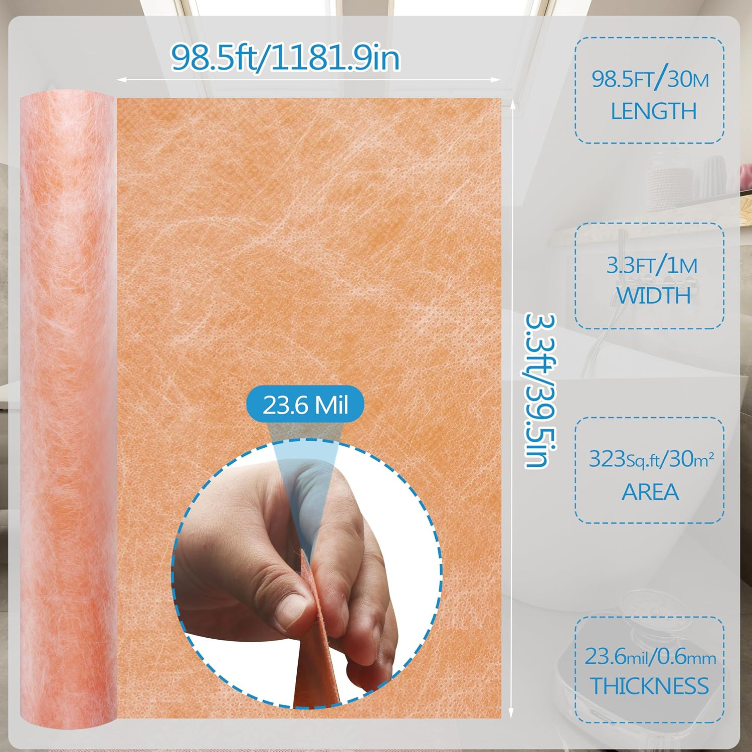 Waterproof Membrane for Shower, 3.3 FT X 98.5 FT Roll (323 Sq Ft), 23.6 Mil Thic