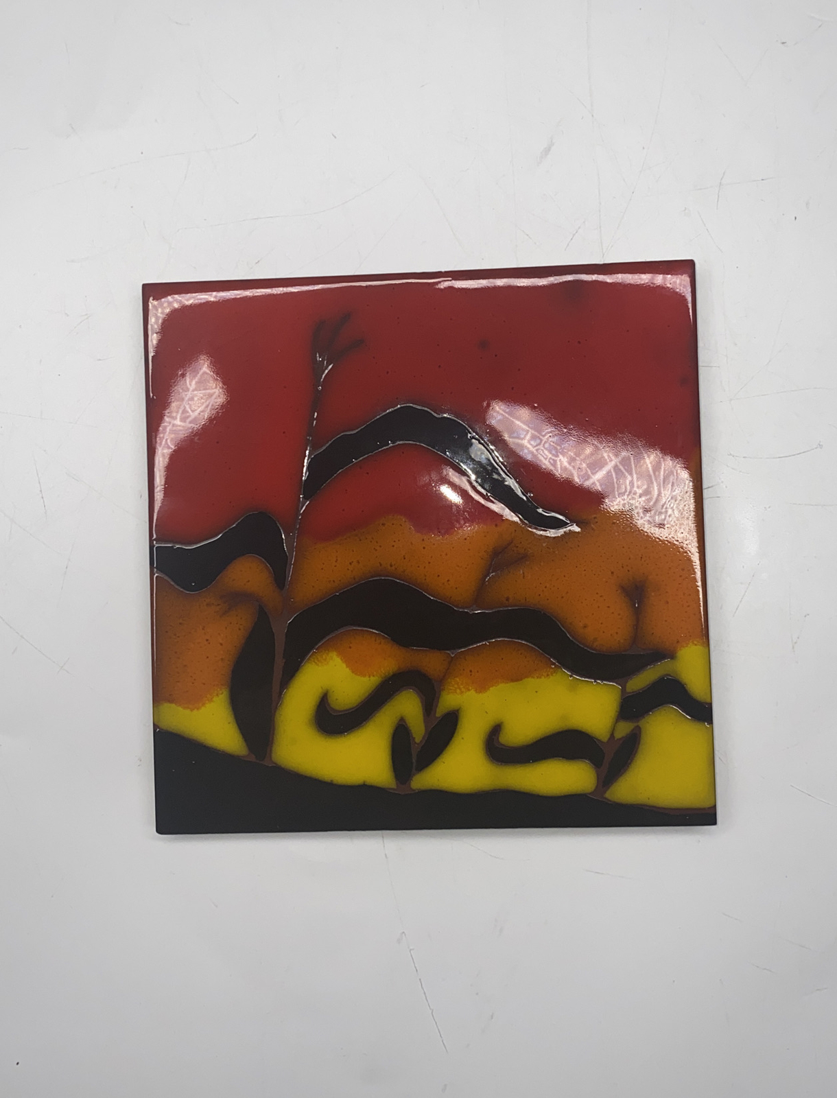 Vtg Judy Sutcliffe Hand Painted Ceramic Tile “Corn Field on Farm” Colorful