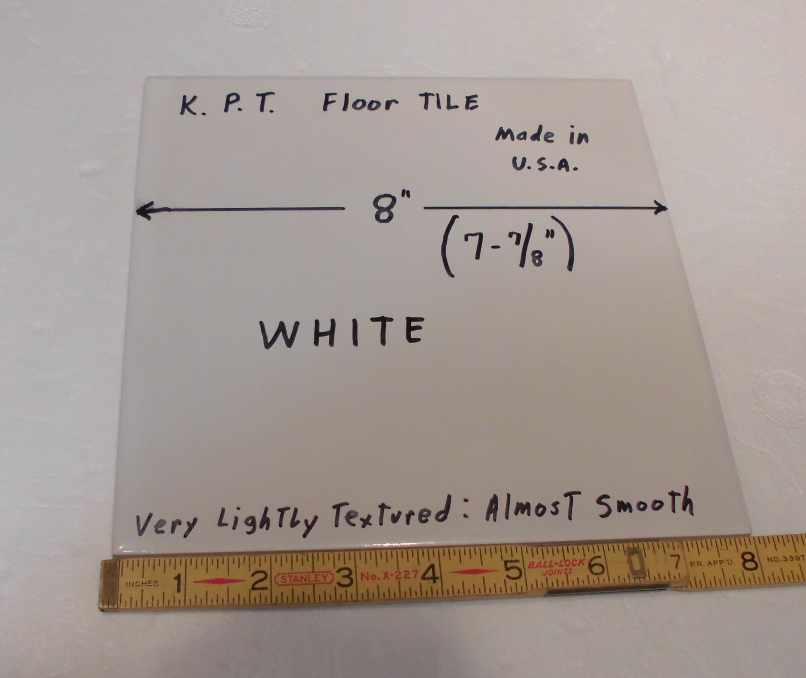 1 pc. Bright White Ceramic Floor Tile: 8″ X 8″ Smooth, Made USA by K.P.T. NEW