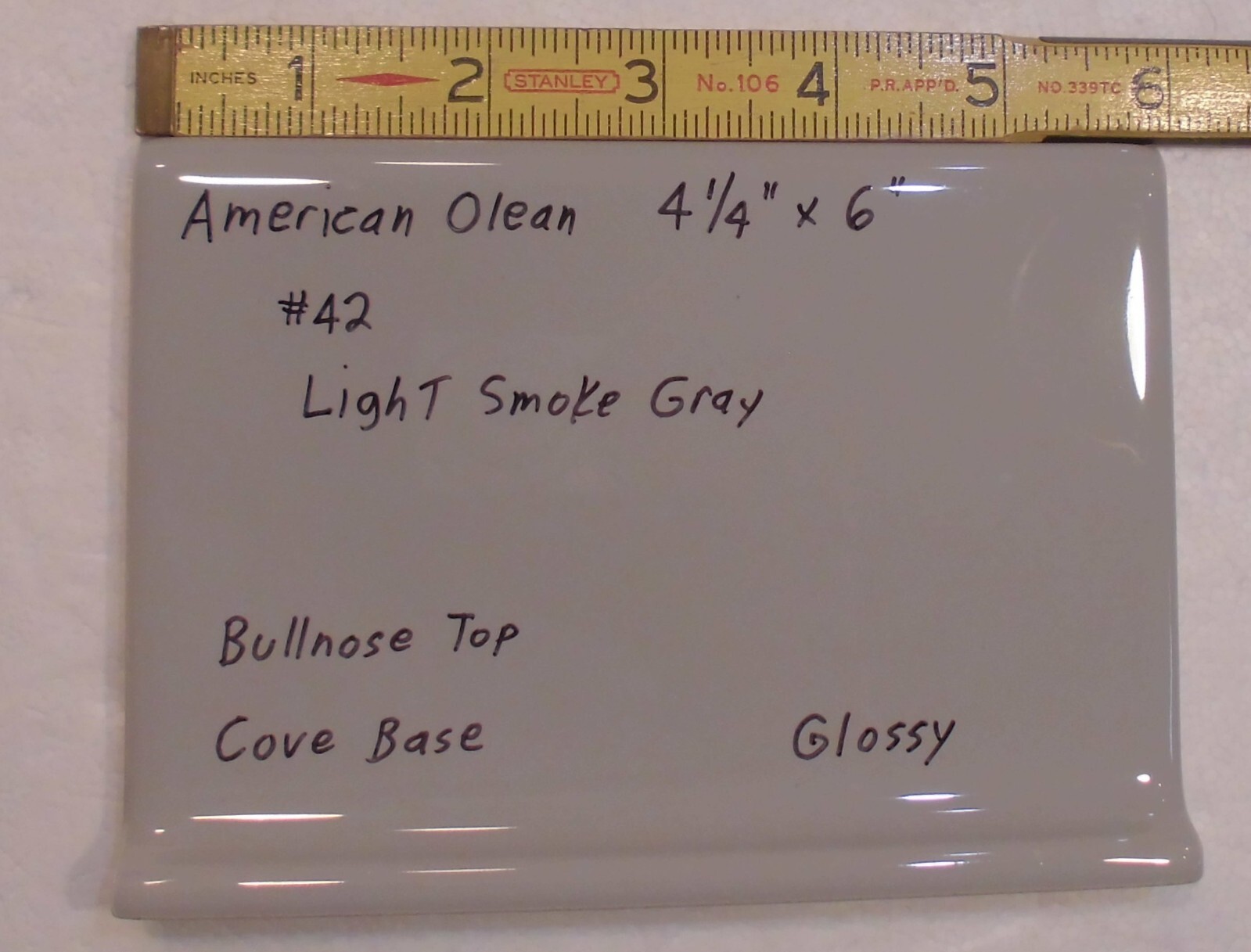 1 pc. Light Smoke Gray: base/cove Ceramic Glossy Tile: 4-1/4″ X 6″ Bullnose Top