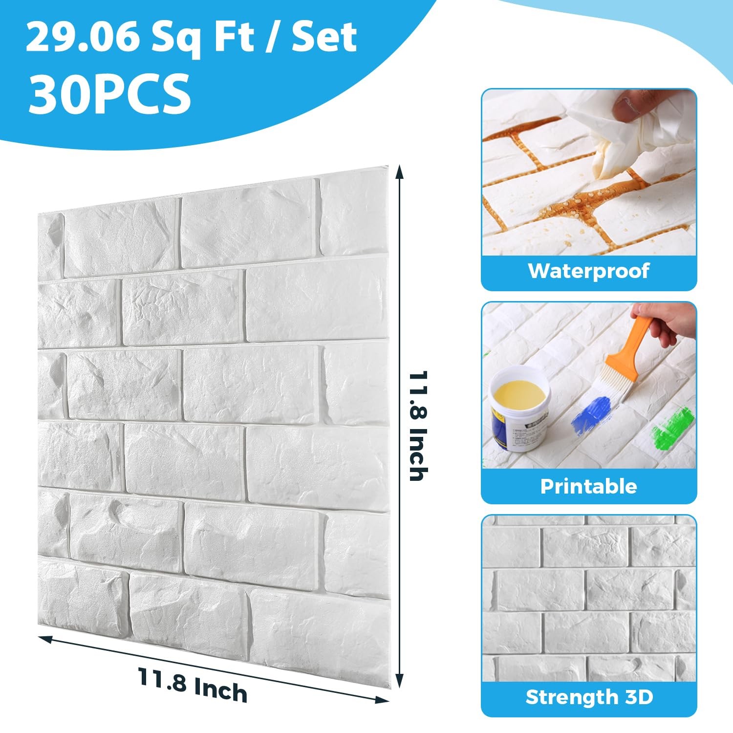30 Pcs 3D Wall Panels, White Brick Printable 3D Wallpaper Stick and Peel, Sel…