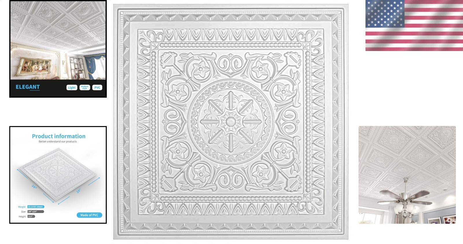 48 Sq Ft 24×24 White PVC Modern Floral Glue Up Ceiling Tiles, Water Resistant