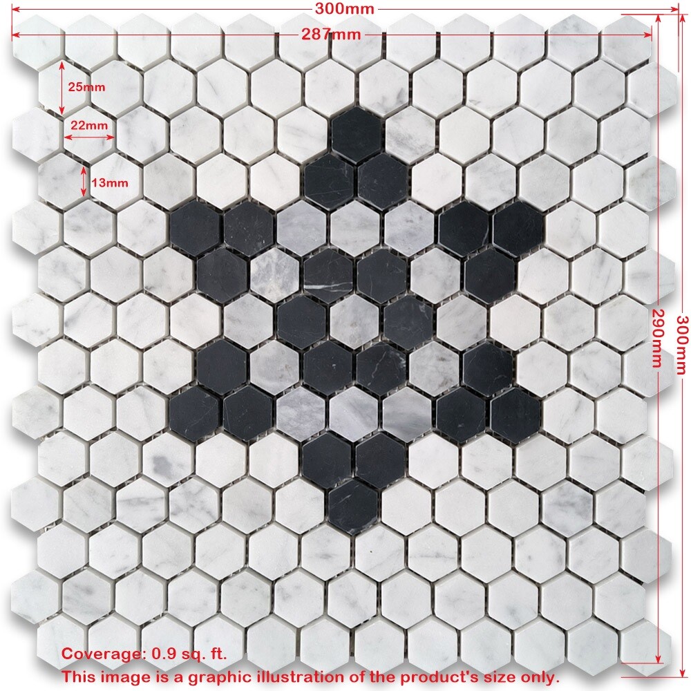 C31F81XH Carrara White Marble 1 inch Hexagon?Hexastar?Mosaic Tile Black Gray