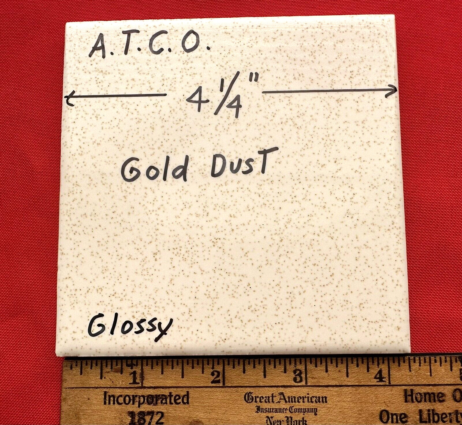 1 pc. *Gold Dust* 4-1/4″ Glossy Ceramic Tile: by A.T.C.O. white + gold specks