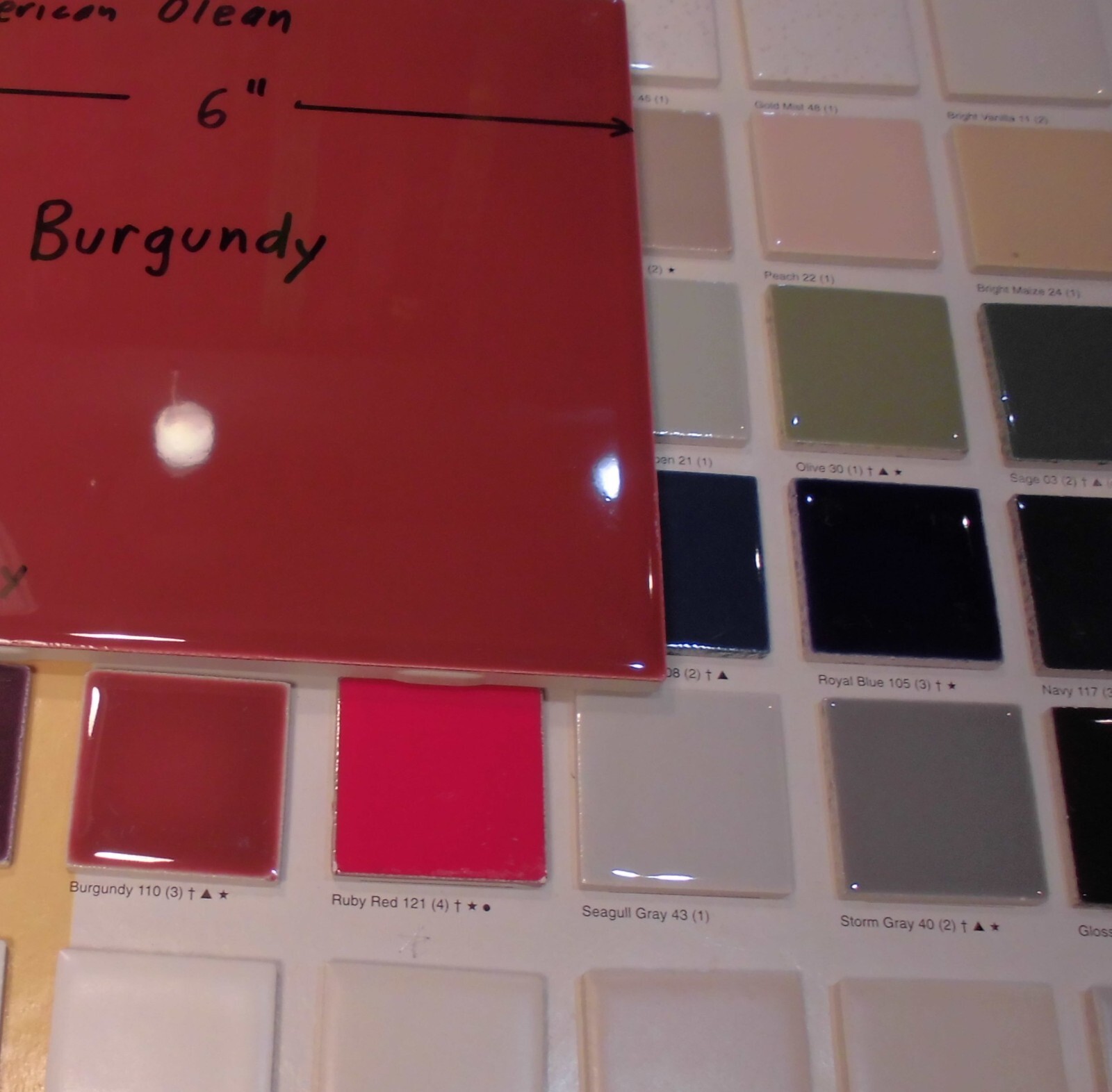 1 pc. Burgundy: 6″ X 6″ Glossy Ceramic Tile by American Olean Co. New Stock
