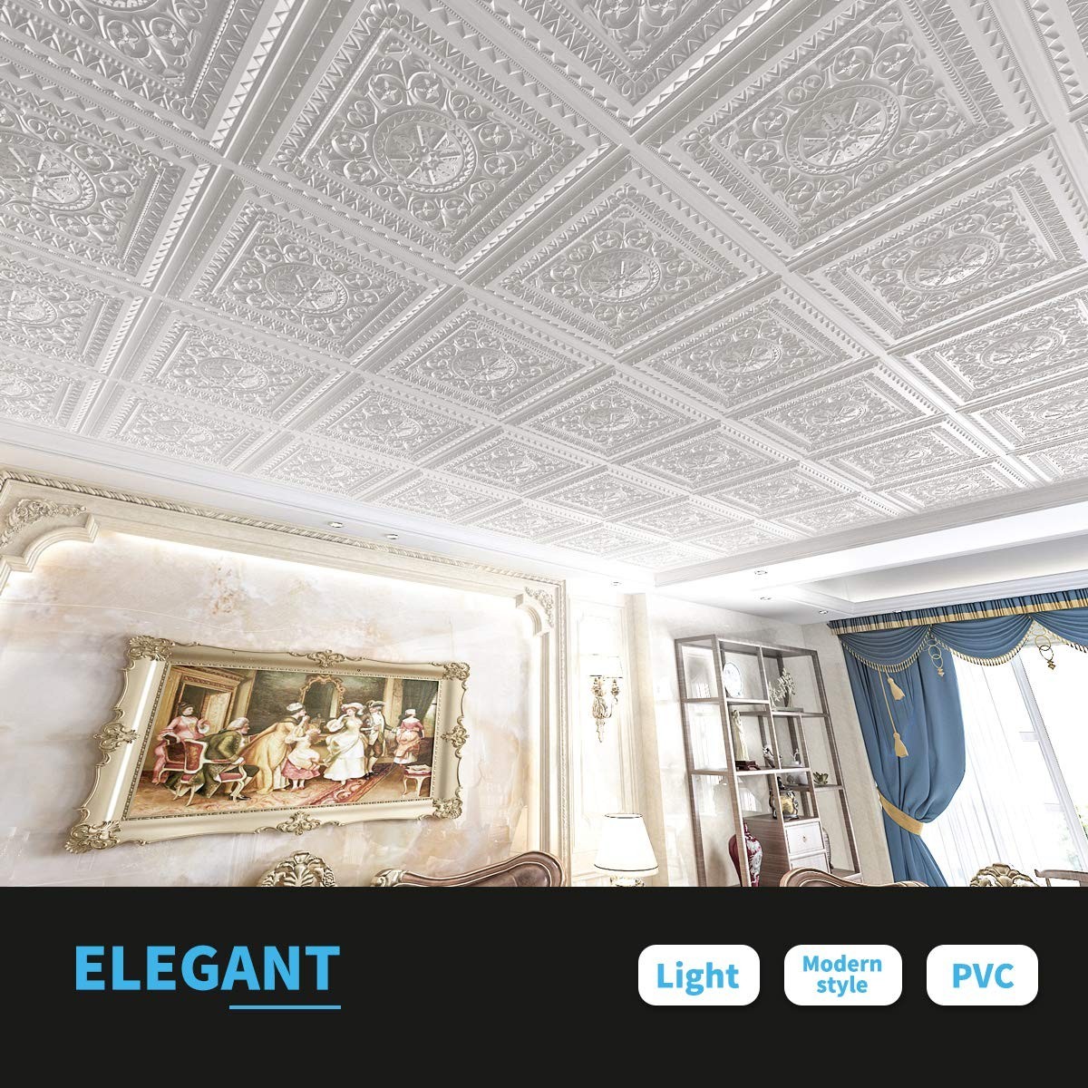48 Sq Ft 24×24 White PVC Modern Floral Glue Up Ceiling Tiles, Water Resistant