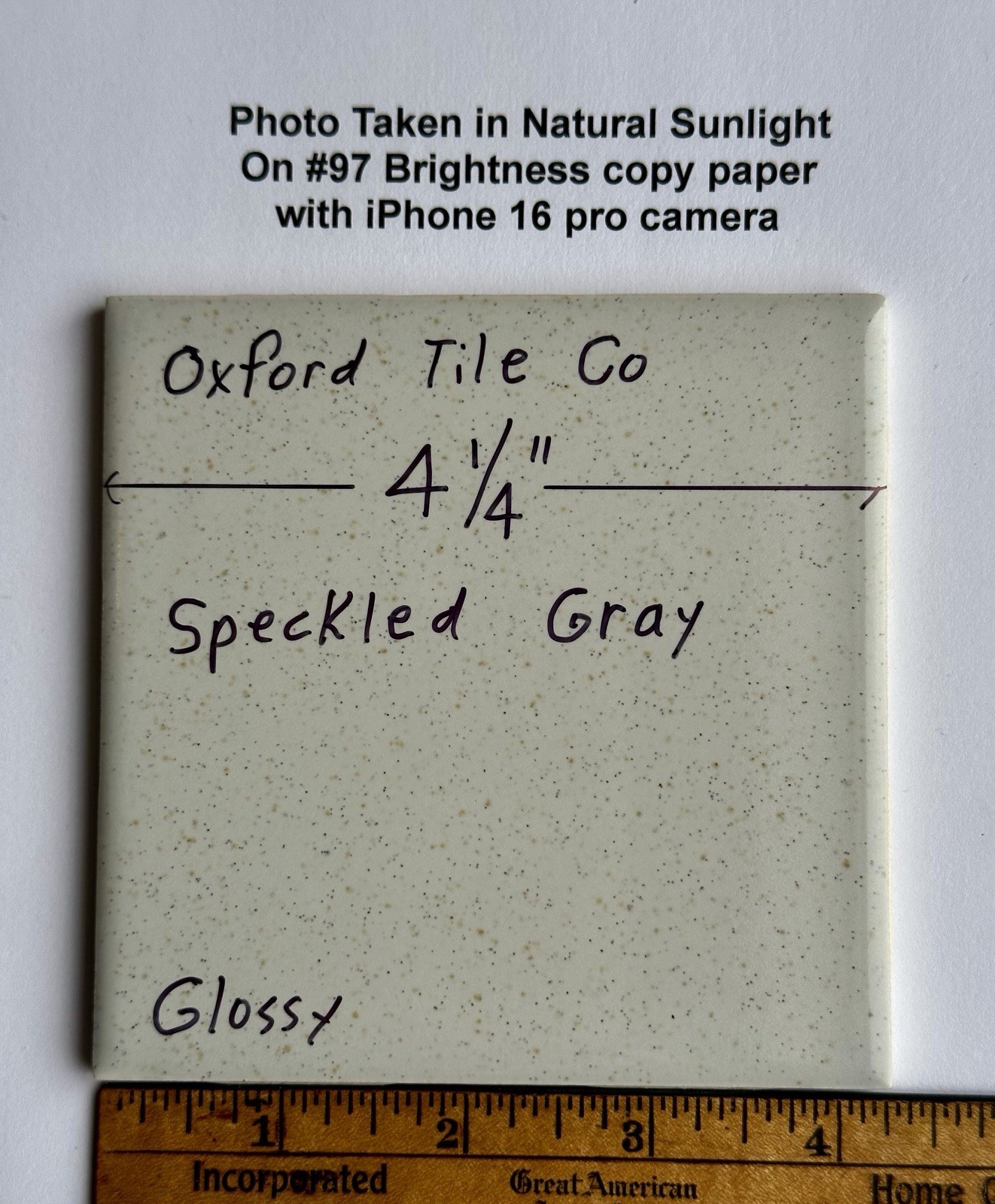1 pc. Speckled Gray: 4-1/4″ Glossy Ceramic Tile by Oxford Co. NEW