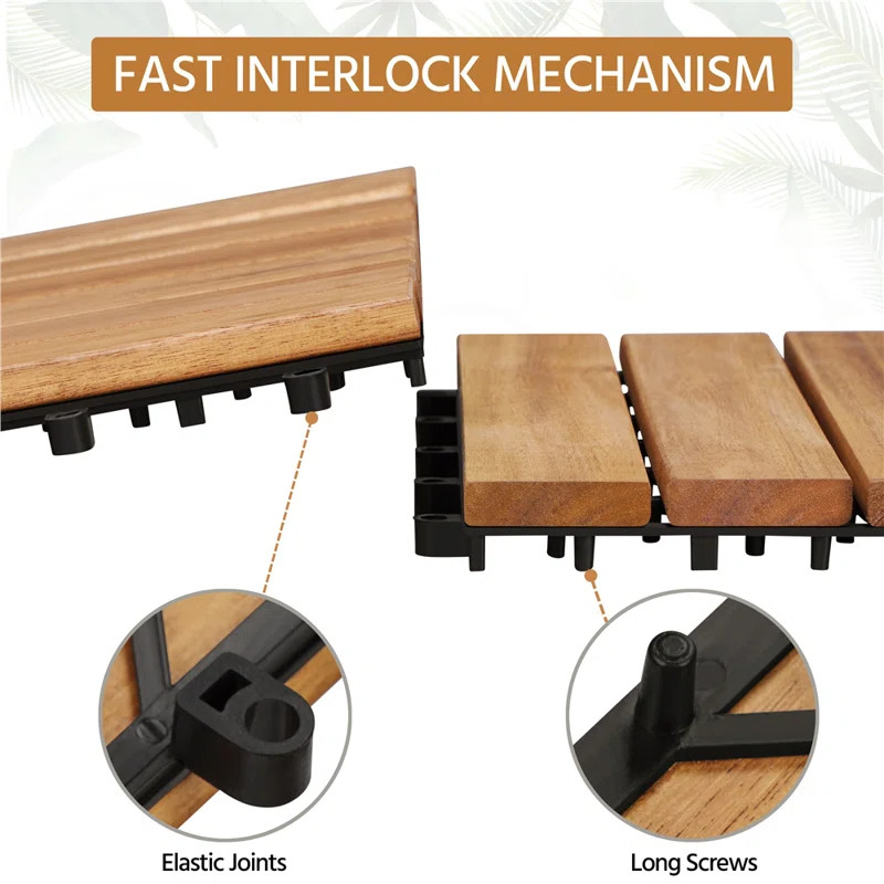 Acacia Wood Interlocking Deck Tiles for Indoor and Outdoor (Set of 27) Snap In