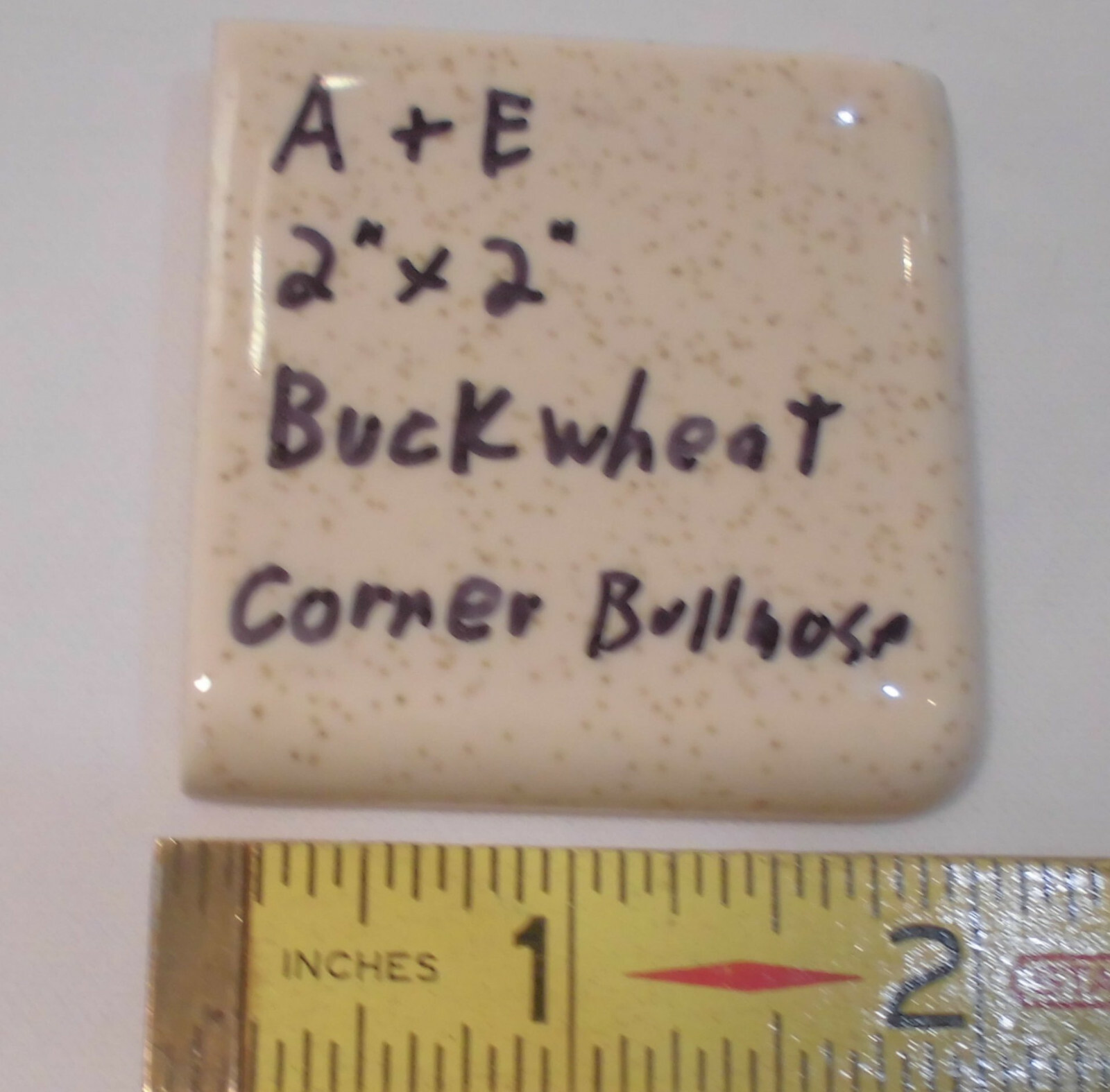 Buckwheat 2″ X 2″ X 5/16″ Ceramic Surface Bullnose Corner Tile; made 1940’s