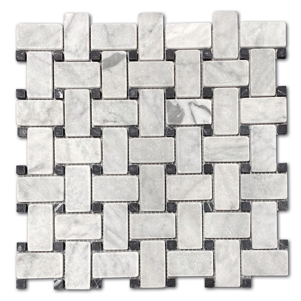 C651XT NonSlip Carrara Venato Marble Basketweave Mosaic Tile Black Dot Tumble