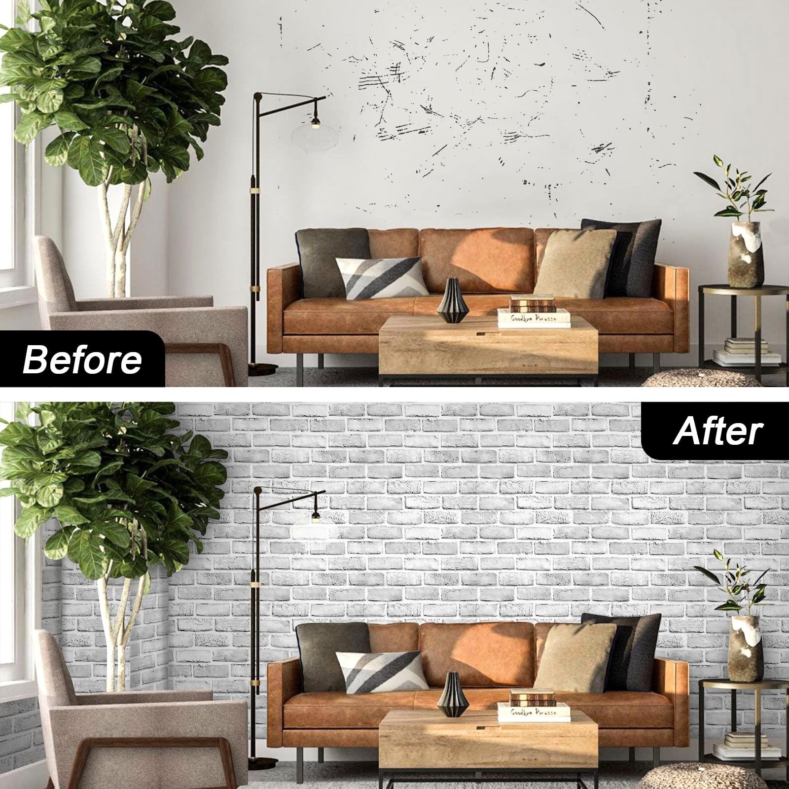 Shackcom Gray-White Brick Wallpaper 2 Rolls 17.5″ x 393″ Self-Adhesive Peel a…