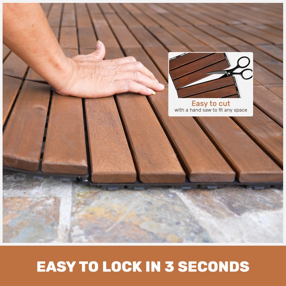 10 PCS Interlocking Deck Tiles Striped Pattern, 12″ x 12″ Square Acacia Hardwood