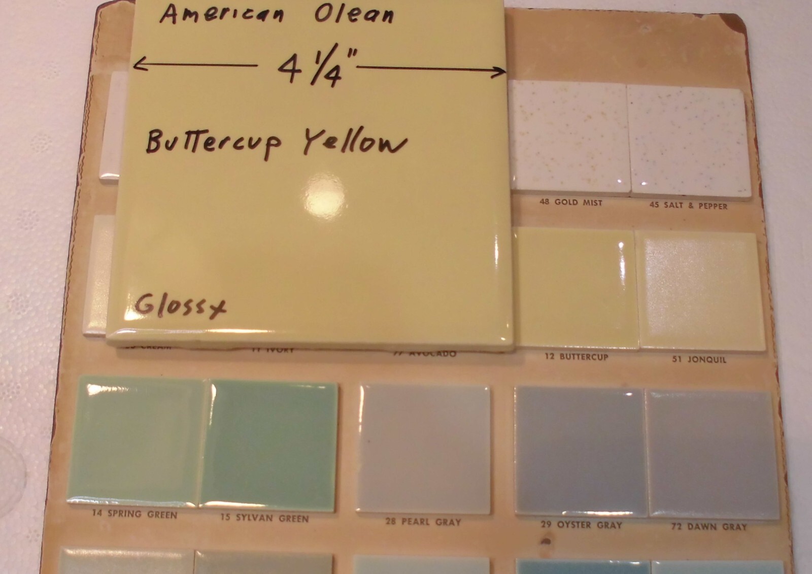 1 pc. Buttercup Yellow: 4-1/4″ Glossy Ceramic Tile by American Olean #12, NOS
