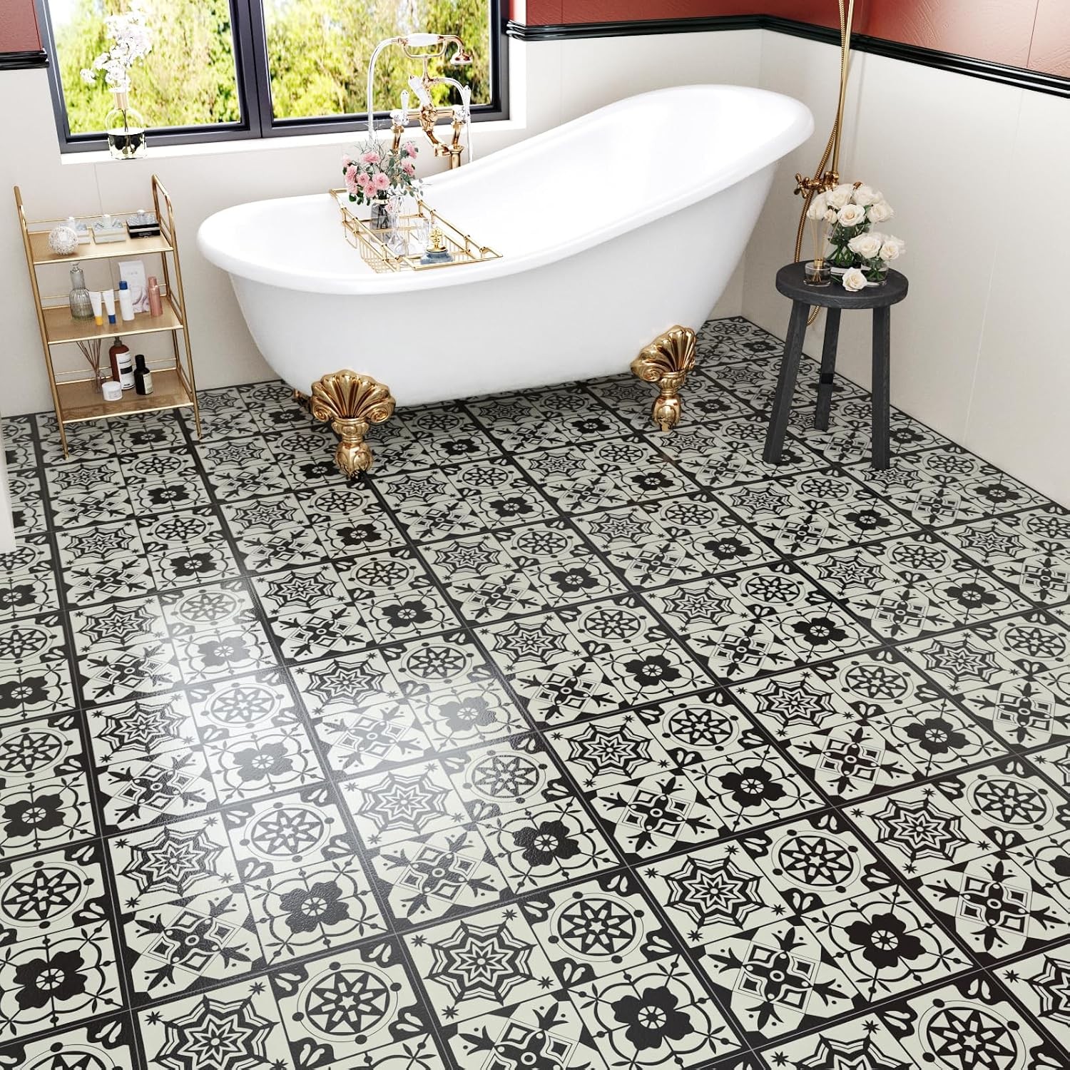 12″x12″ Black Boho Peel and Stick Floor Tile Waterproof Vintage Gothic Vinyl
