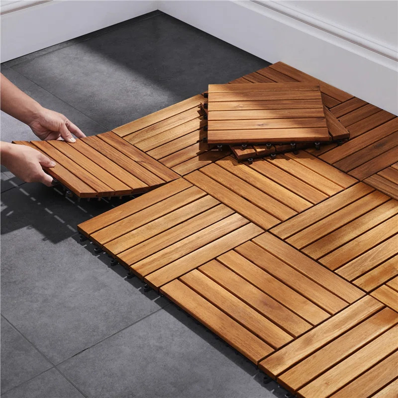 Acacia Wood Interlocking Deck Tiles for Indoor and Outdoor (Set of 27) Snap In