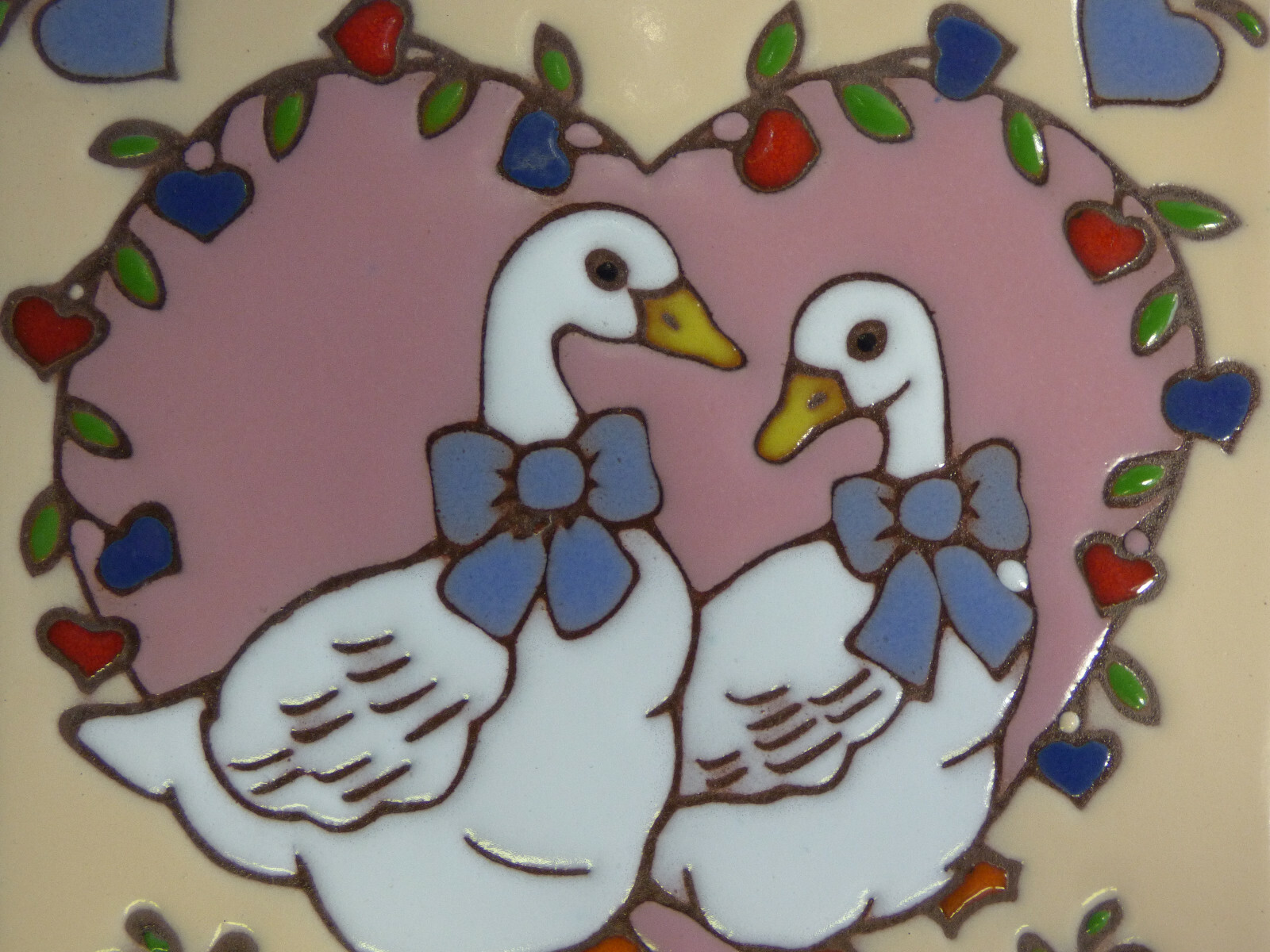 Ceramic Art Tile 6″x6″ Cute Country Geese With Hearts & Bows Trivet Wall New M49