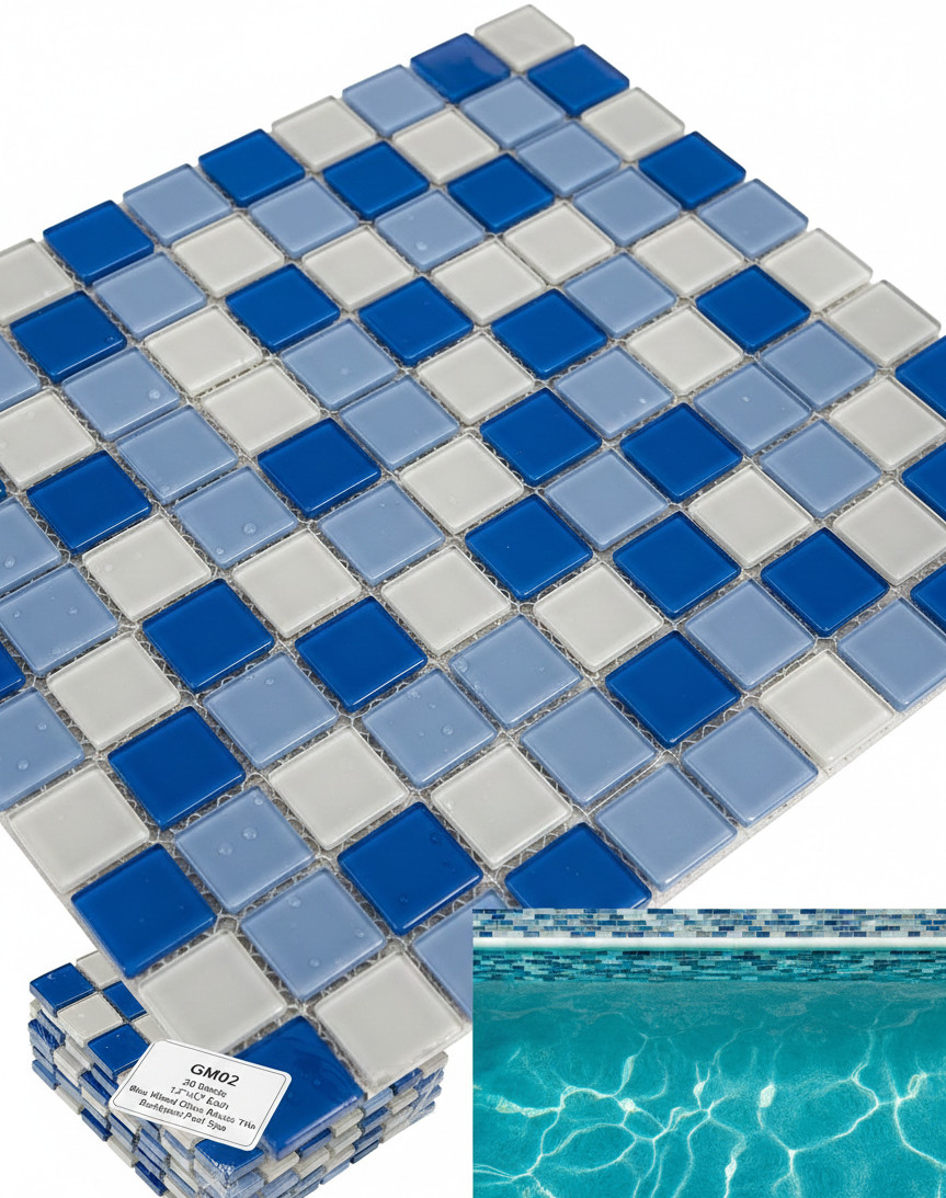 1 Sheet Blue Mixed Glass Mosaic Tile 12×12 – Pool Spa Backsplash (Buy More&Save)