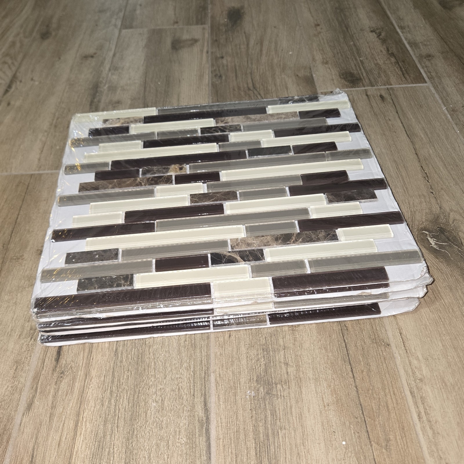 6 Sq Feet -American Olean Linear Mosaic Tile Glass Stone Black Brown Cream 12×13