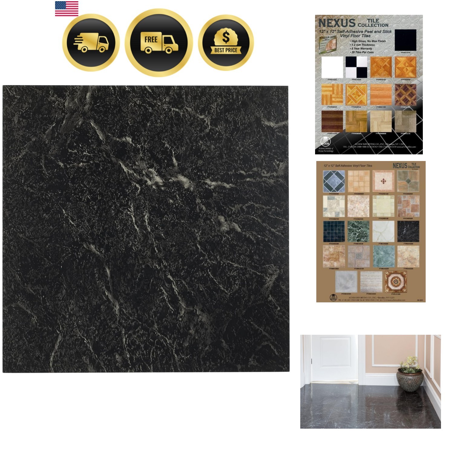 Nexus Self Adhesive 12-Inch Vinyl Floor Tiles, 20 Tiles – 12″ x 12″, Black w/…