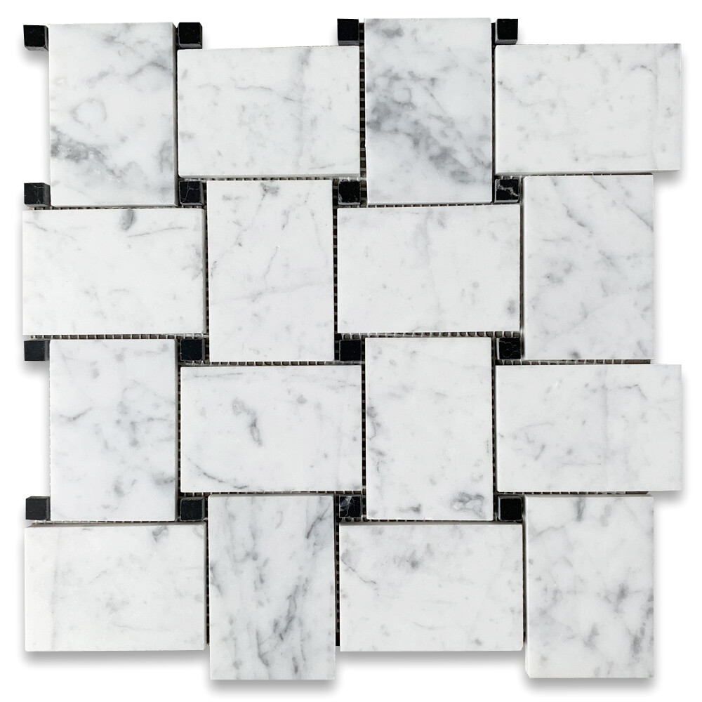 C661XH Wide Big Basketweave Carrara White Marble Mosaic Tile Honed Black Dots