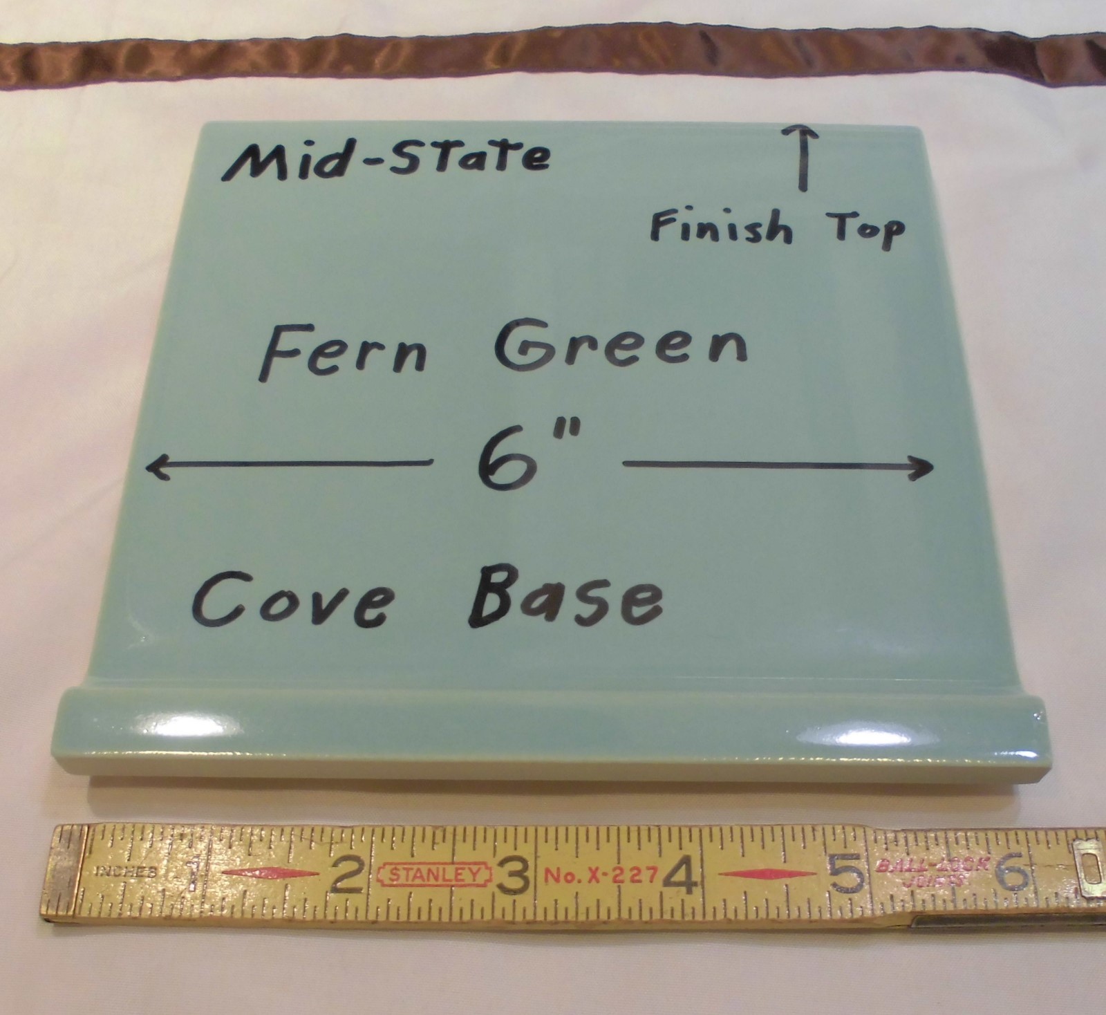1 pc. Vintage Glossy *Fern Green* 6” X 6” Ceramic Cove Base Tile by MID-STATE