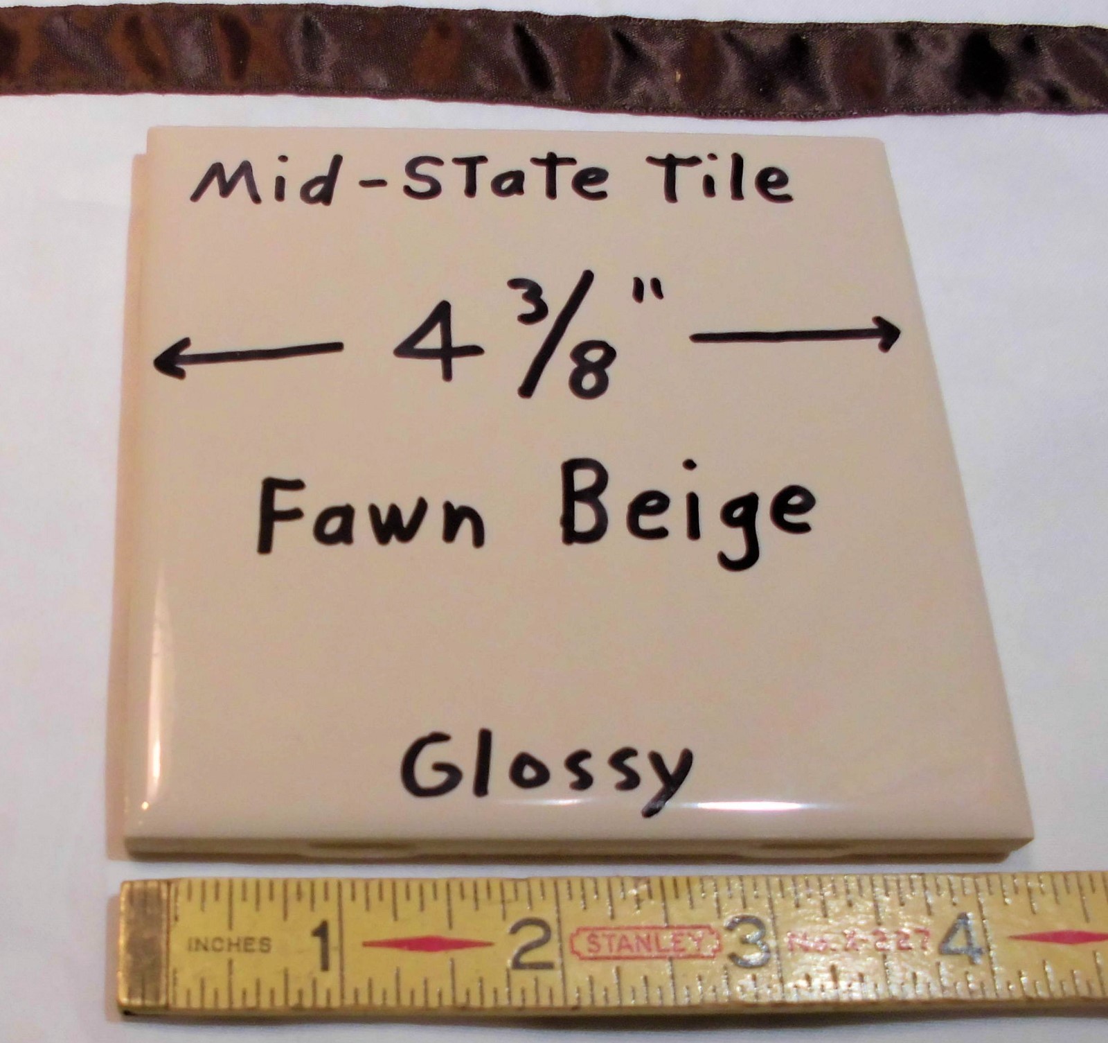 1 pc. *Fawn Beige* Glossy Ceramic Tiles by Mid-State “NOS” 4-3/8″ Peachy Tan