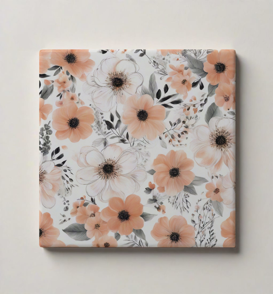 Orange and gray flowers Ceramic Tile 4.25×4.25, 6×6 or 8×8 inches Printed in US