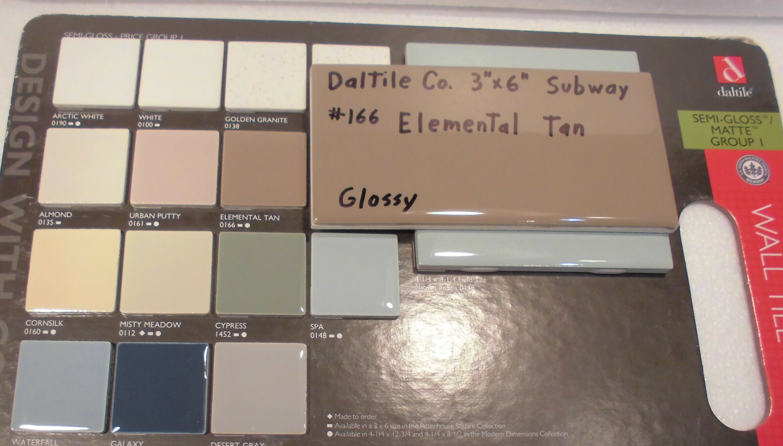 1 pc. Elemental Tan by Daltile #K166; 3″ X 6″ Glossy Ceramic Tile; Light Brown