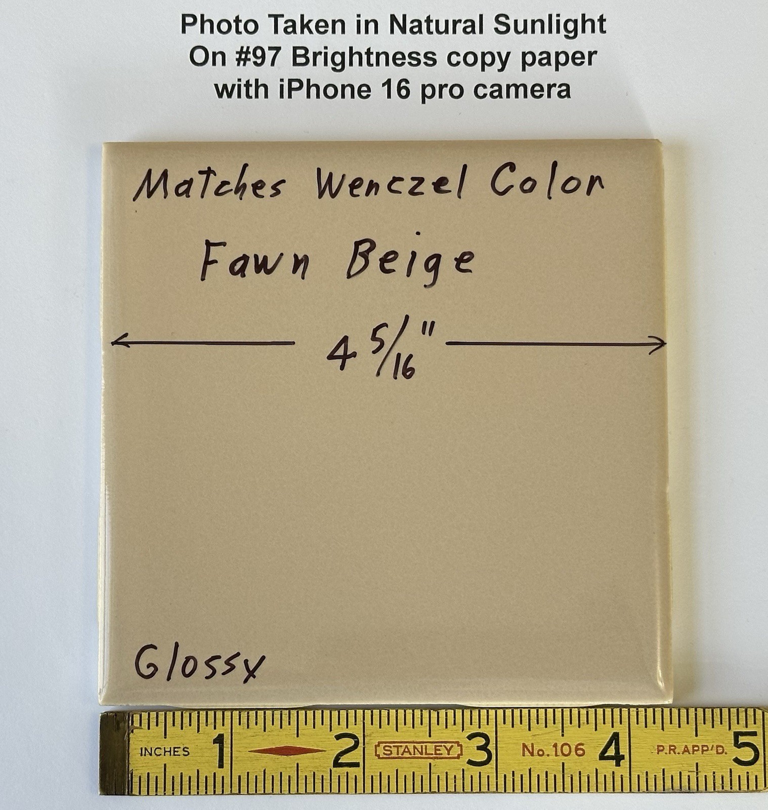 1 pc. Fawn Beige: 4-5/16″ Glossy Ceramic Tile, matches Wenczel Color #223, NOS