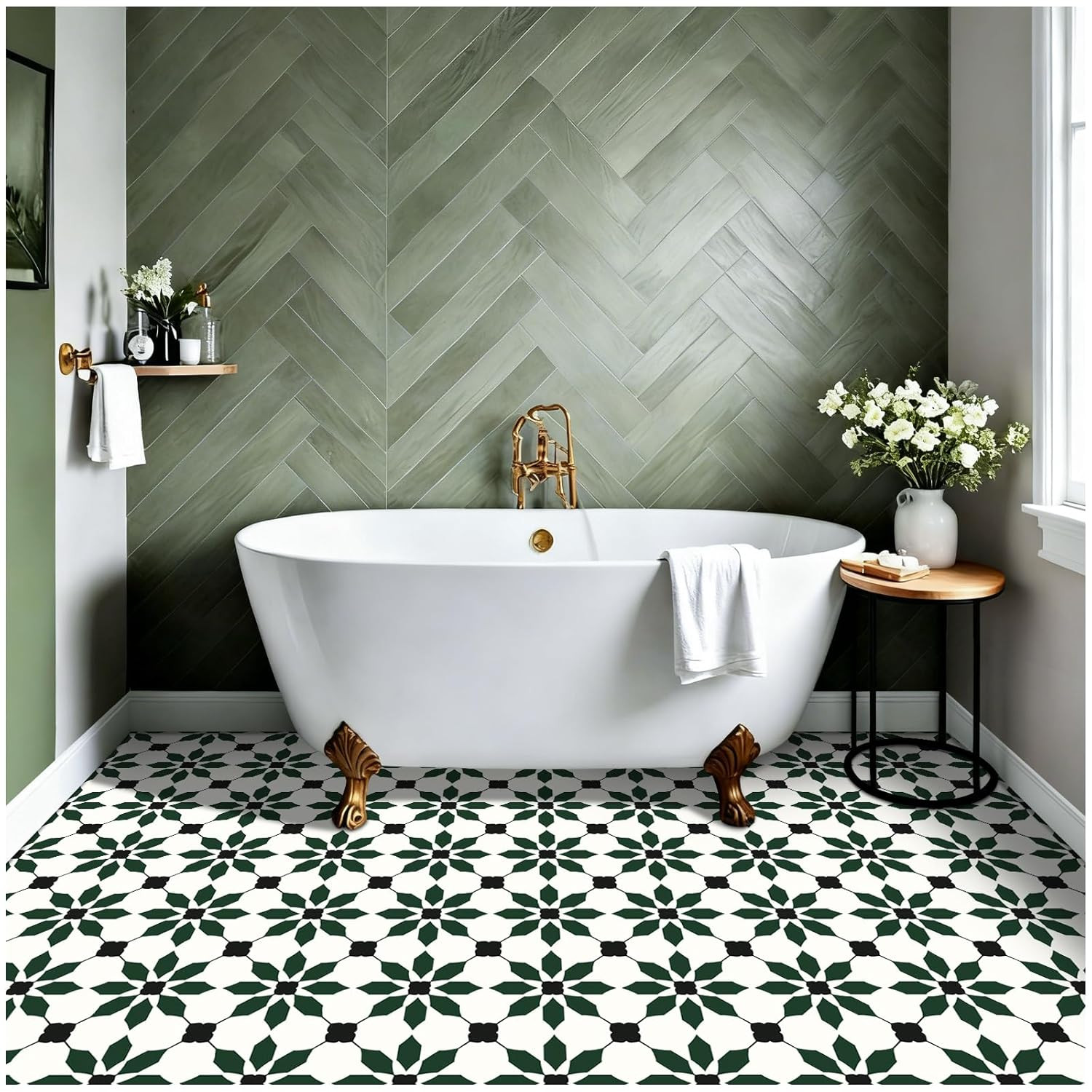 Peel & Stick Vinyl Floor Tiles Waterproof 20PCS Black Green