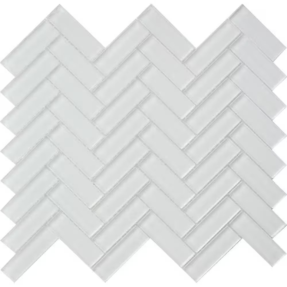 Ice White 11 In. X 12.6 In. Herringbone Polished Glass Mosaic Tile (4.81 Sq. Ft.
