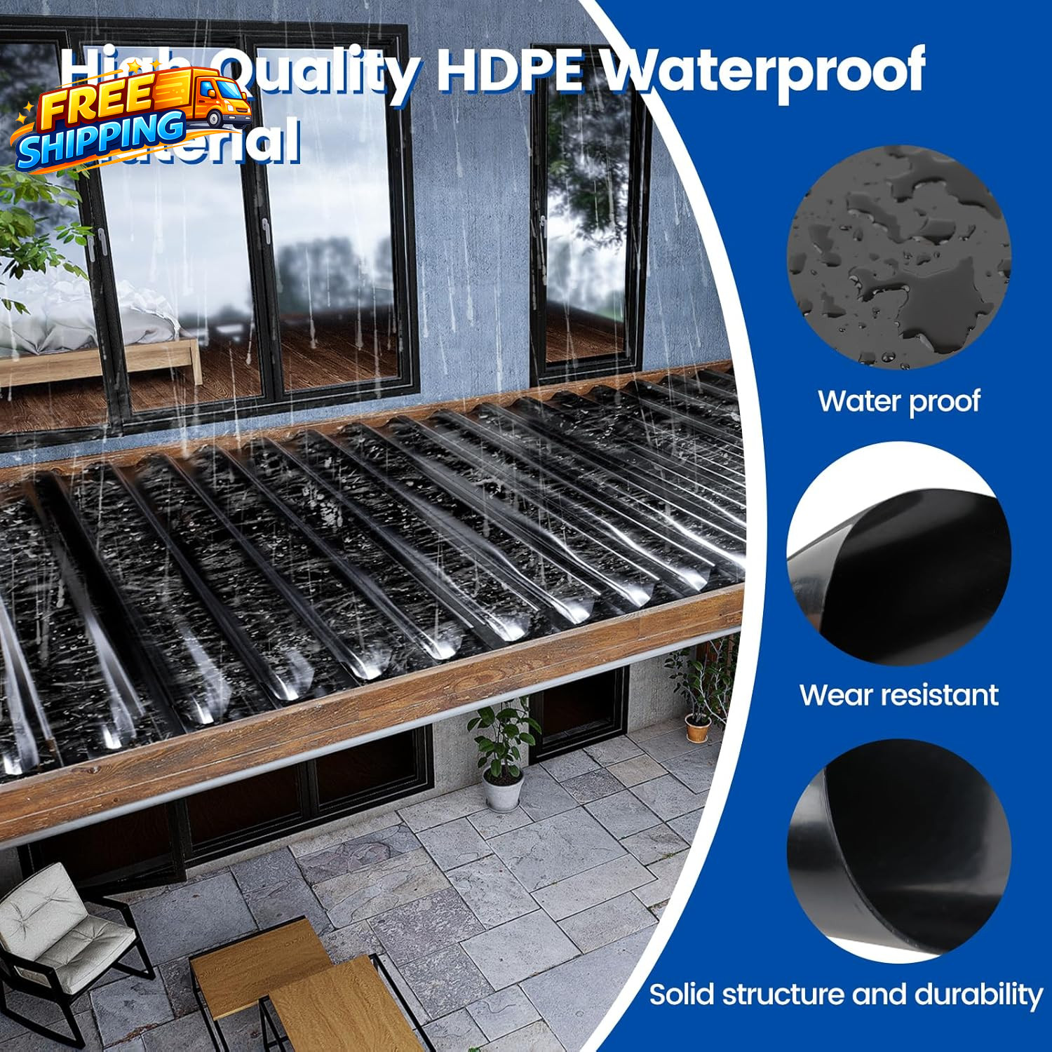 1PCS 50FT Black under Deck Drainage System Trough HDPE Waterproofing Membrane