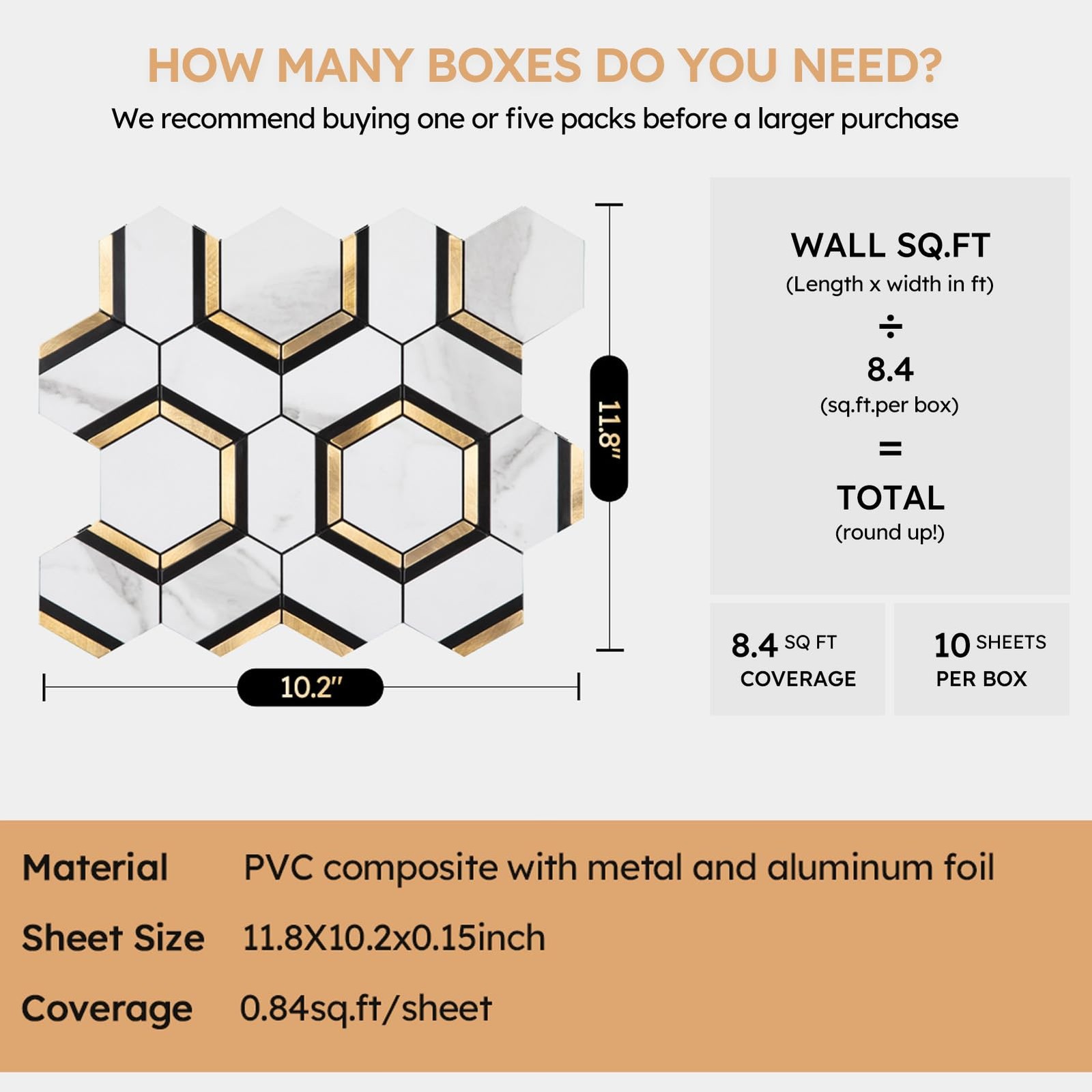 10-Pack Peel and Stick Backsplash Tile, White and Gold, Hexagon, Marble Veins…