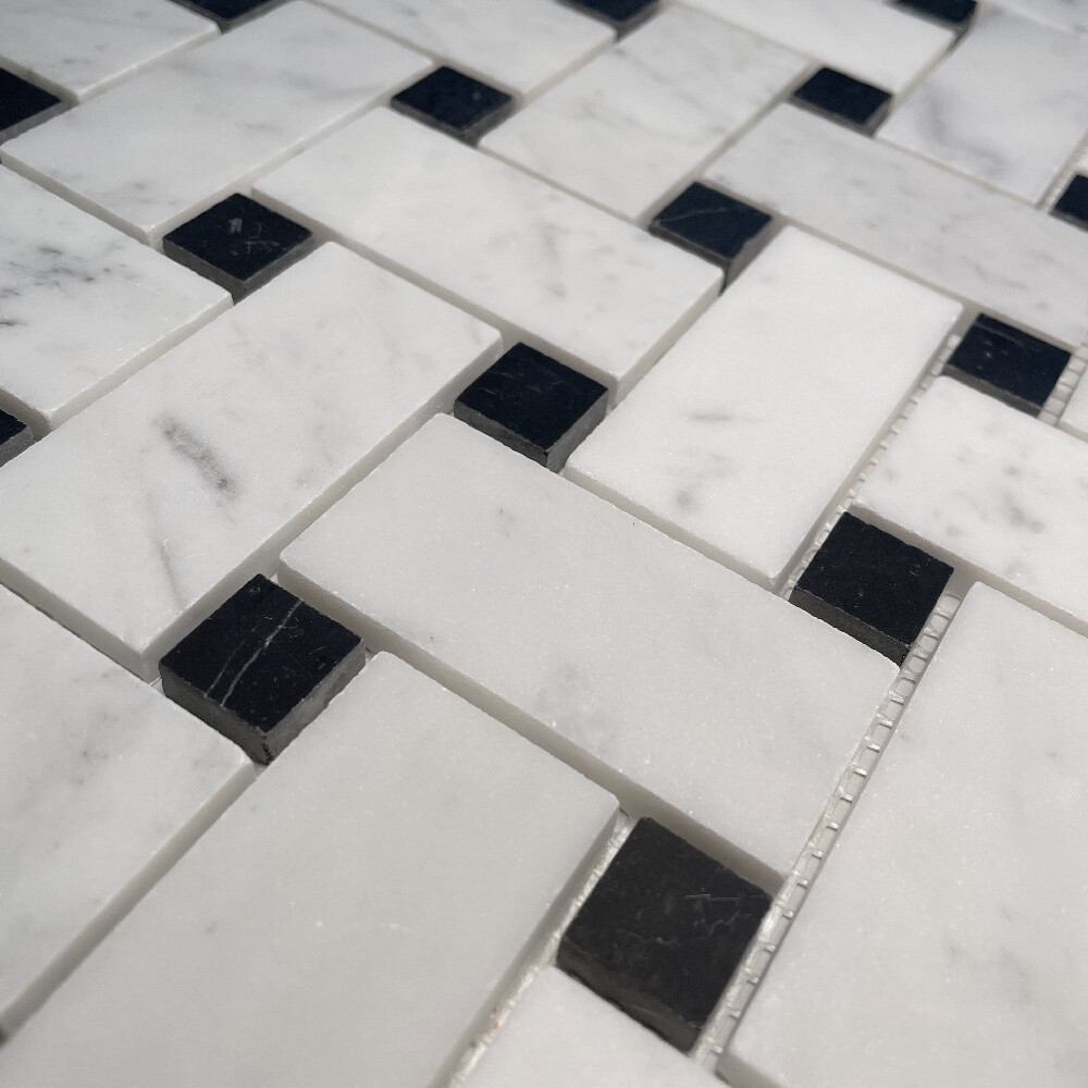 C65L1XH Carrara White Marble Wide Basketweave Mosaic Tile Black dots Honed